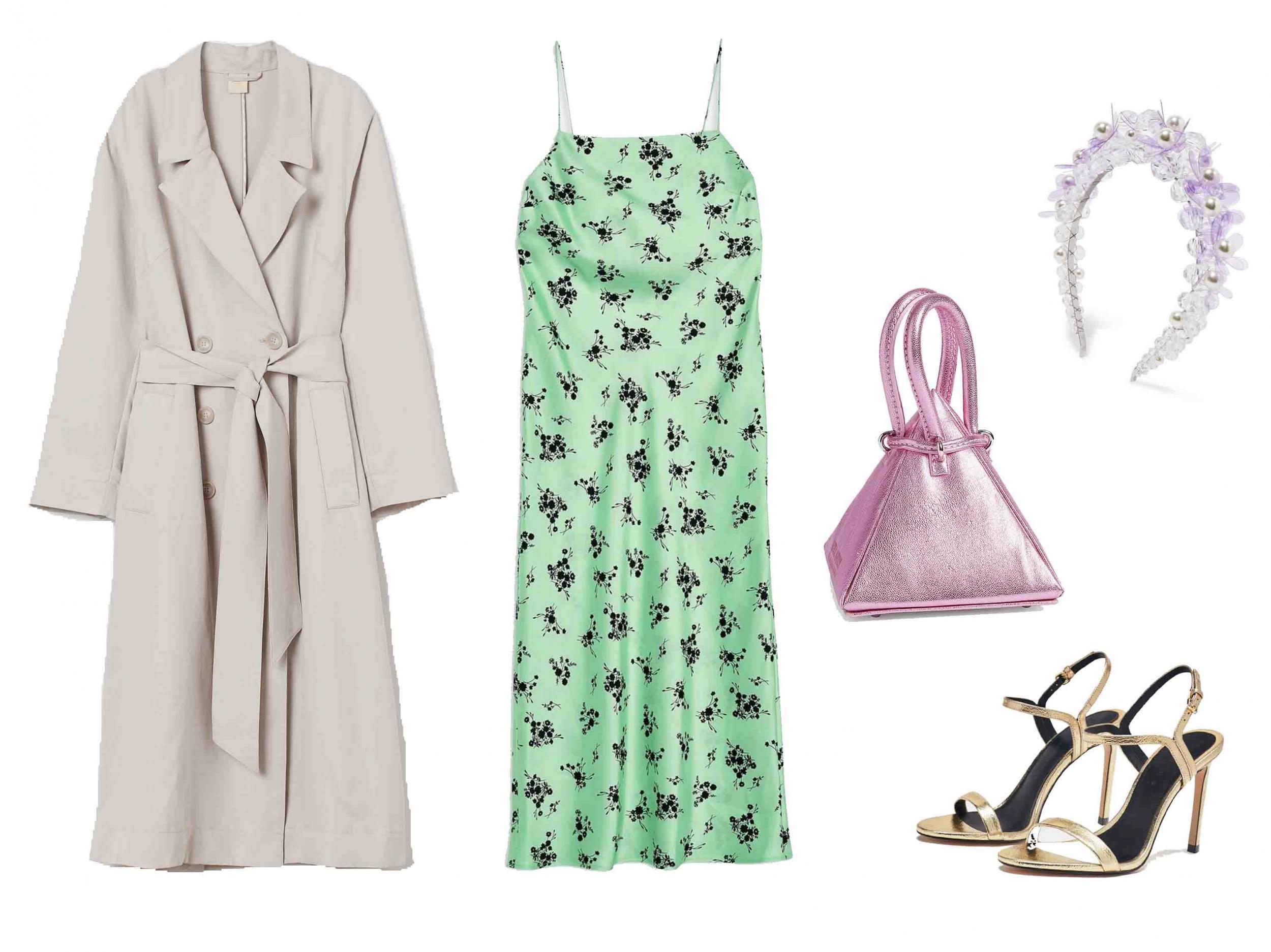 A-line Trenchcoat, £69.99, H&amp;M; Apple Satin Bias Slip Dress, £39, Topshop; Simone Rocha, Faux Pearl and Bead Headband, £350, Net-a-Porter; Nita Sur, Metallic Pyramid Mini Bag, £360, Selfridges; Fine Strappy Sandals, £29.99, Zara