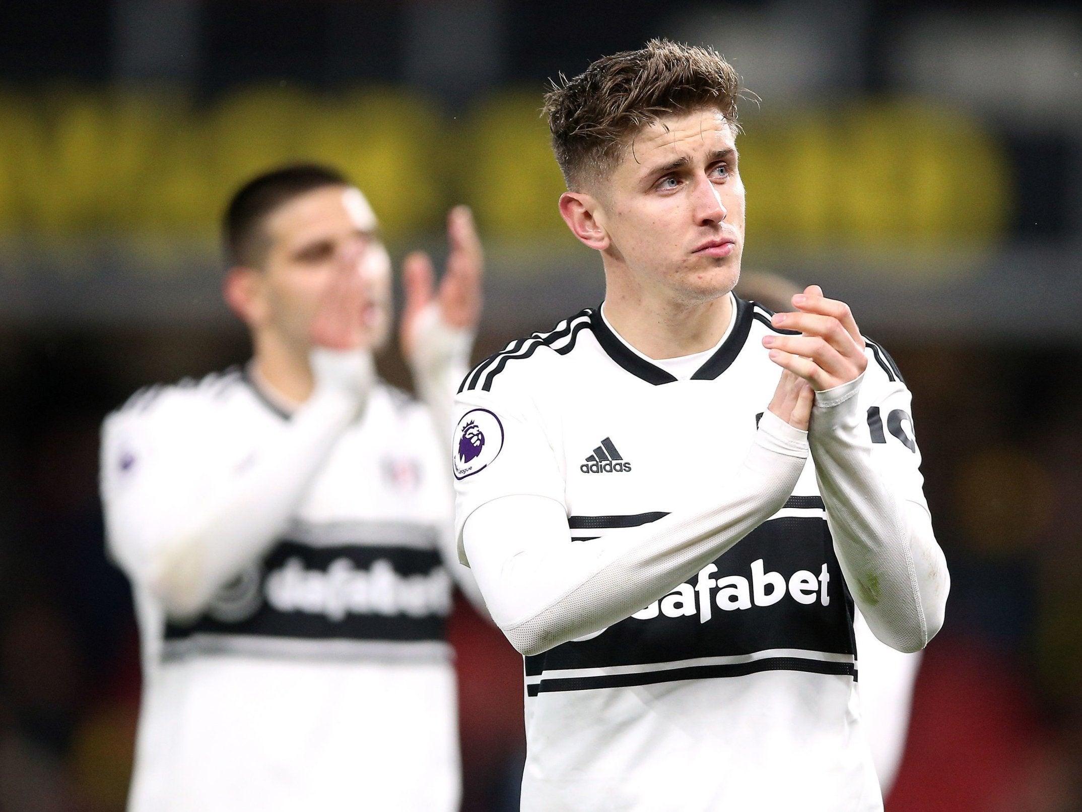 Tom Cairney and Aleksandar Mitrovic applaud the Fulham fans