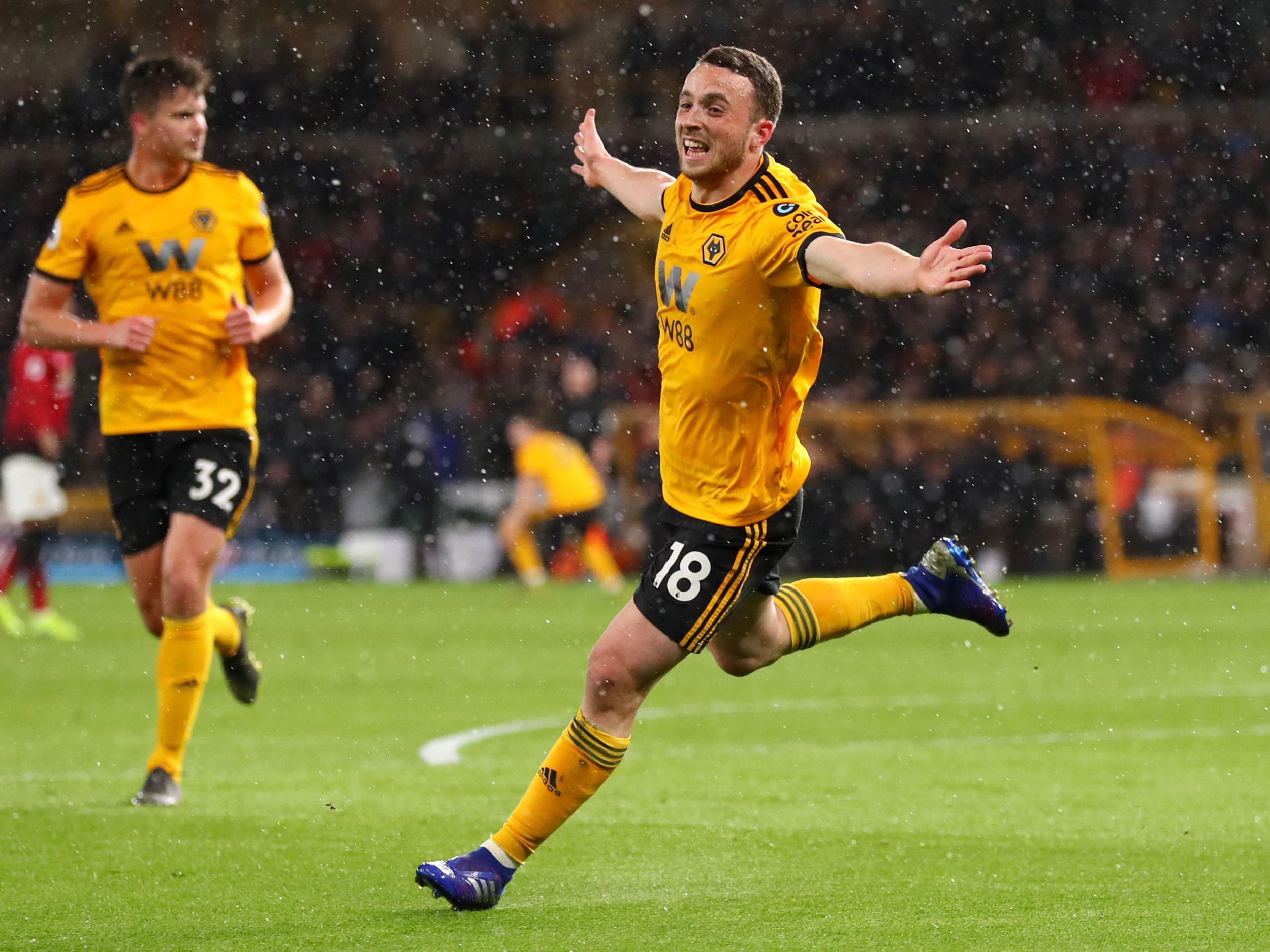 Diogo Jota celebrates scoring Wolves' first-half equaliser