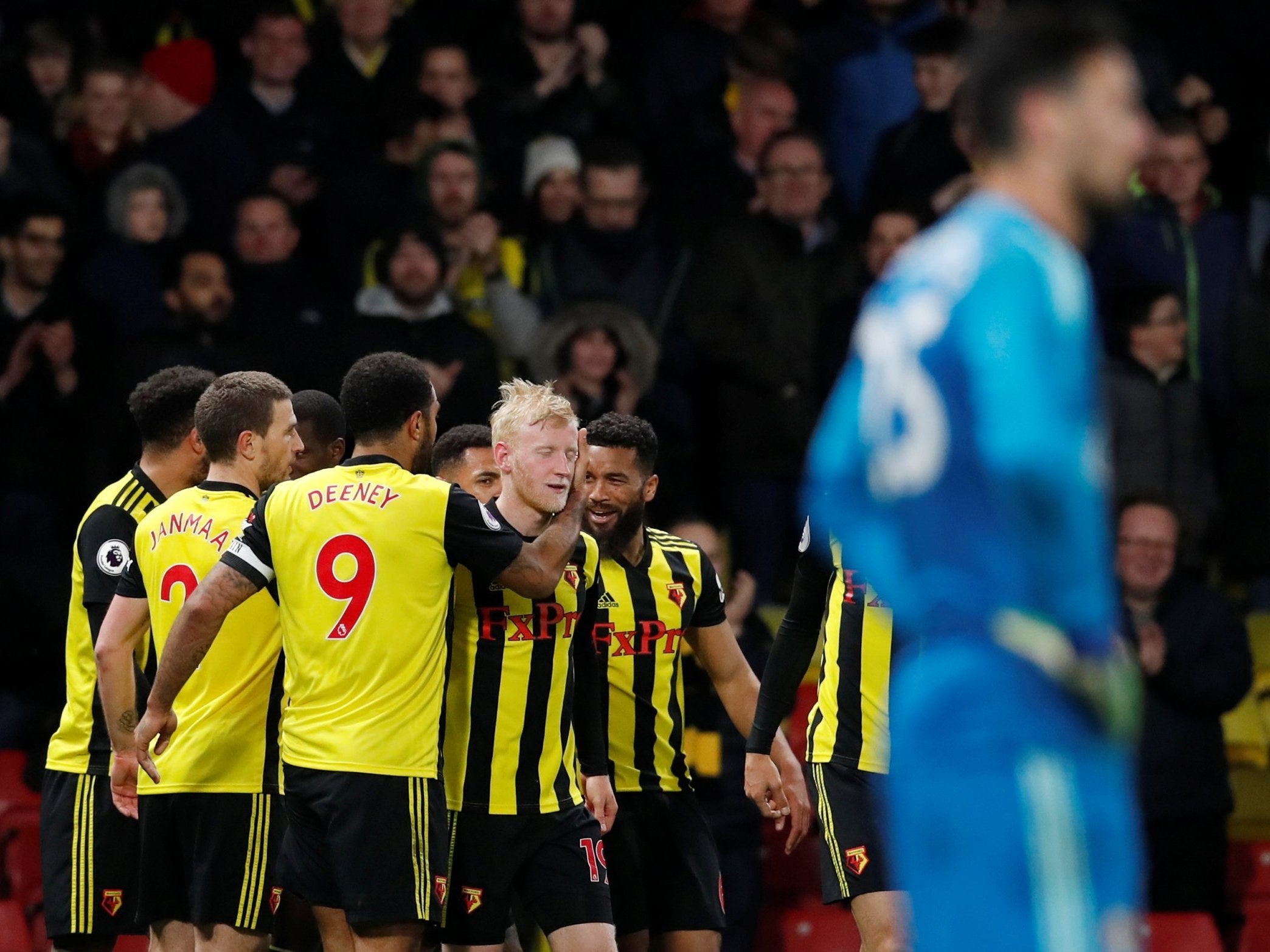 Watford celebrate after Will Hughes put them in front