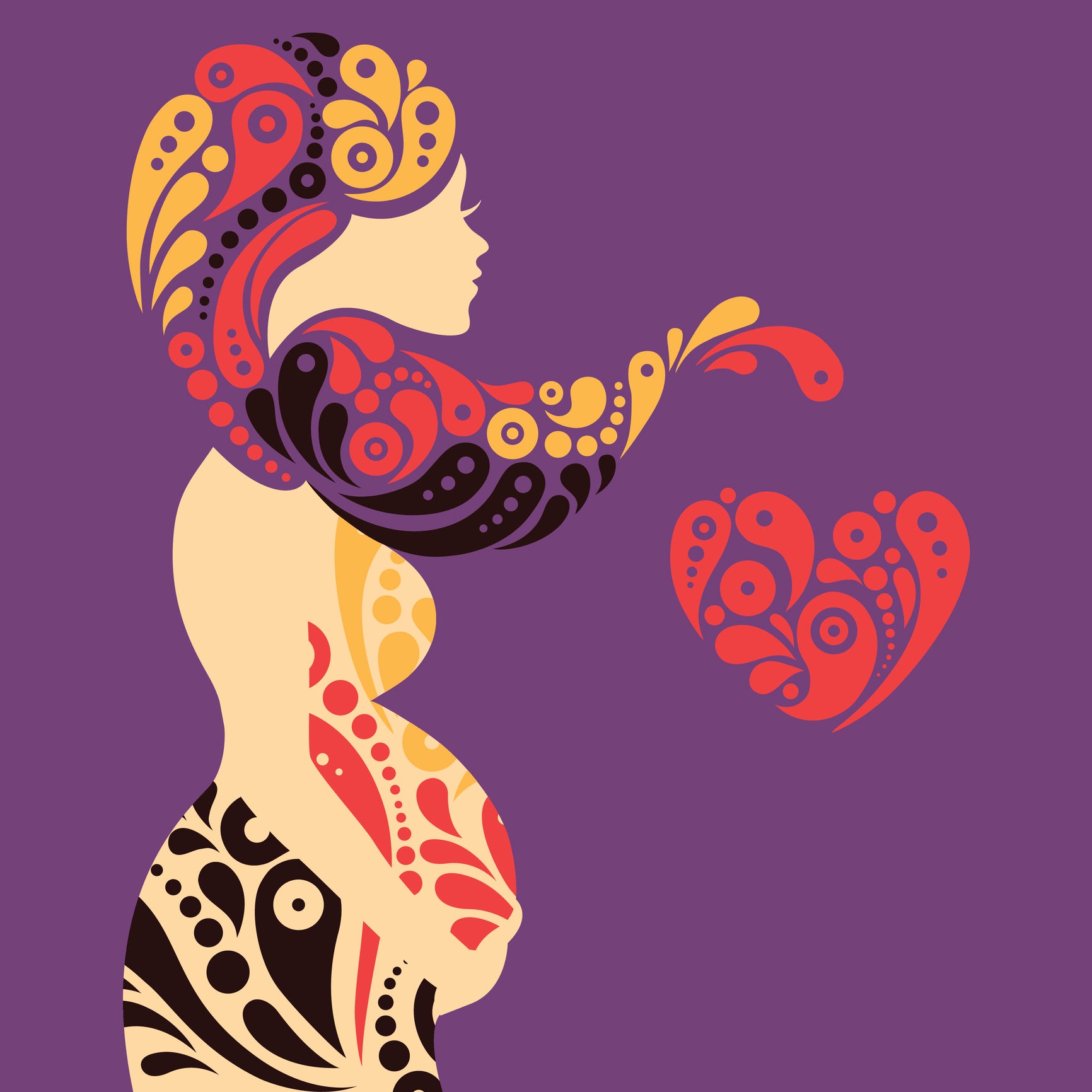 Pregnant woman silhouette with abstract decorative flowers and heart symbol