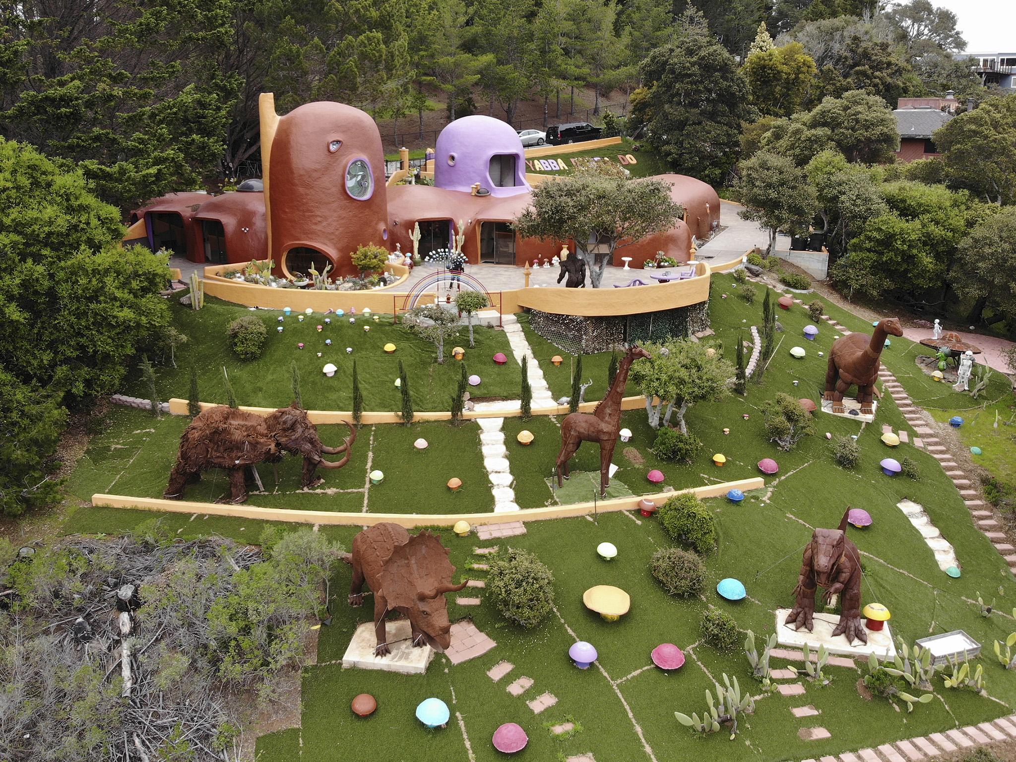 Fresh controversy has been sparked by the installation of the dinosaurs at the notorious Flintstone House in Hillsborough, California