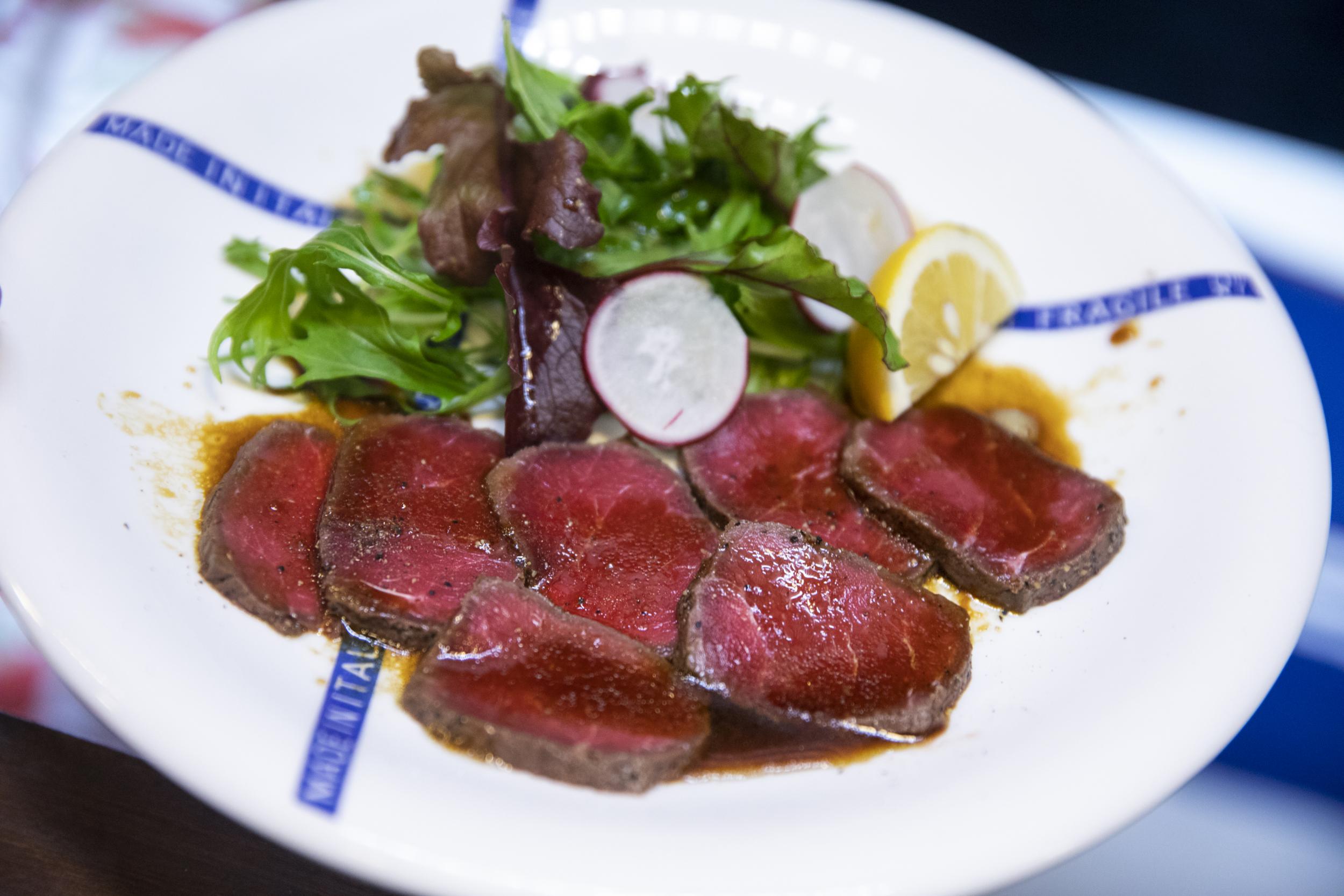 A plate of roasted whale at Kujirakan, or Whale House, restaurant