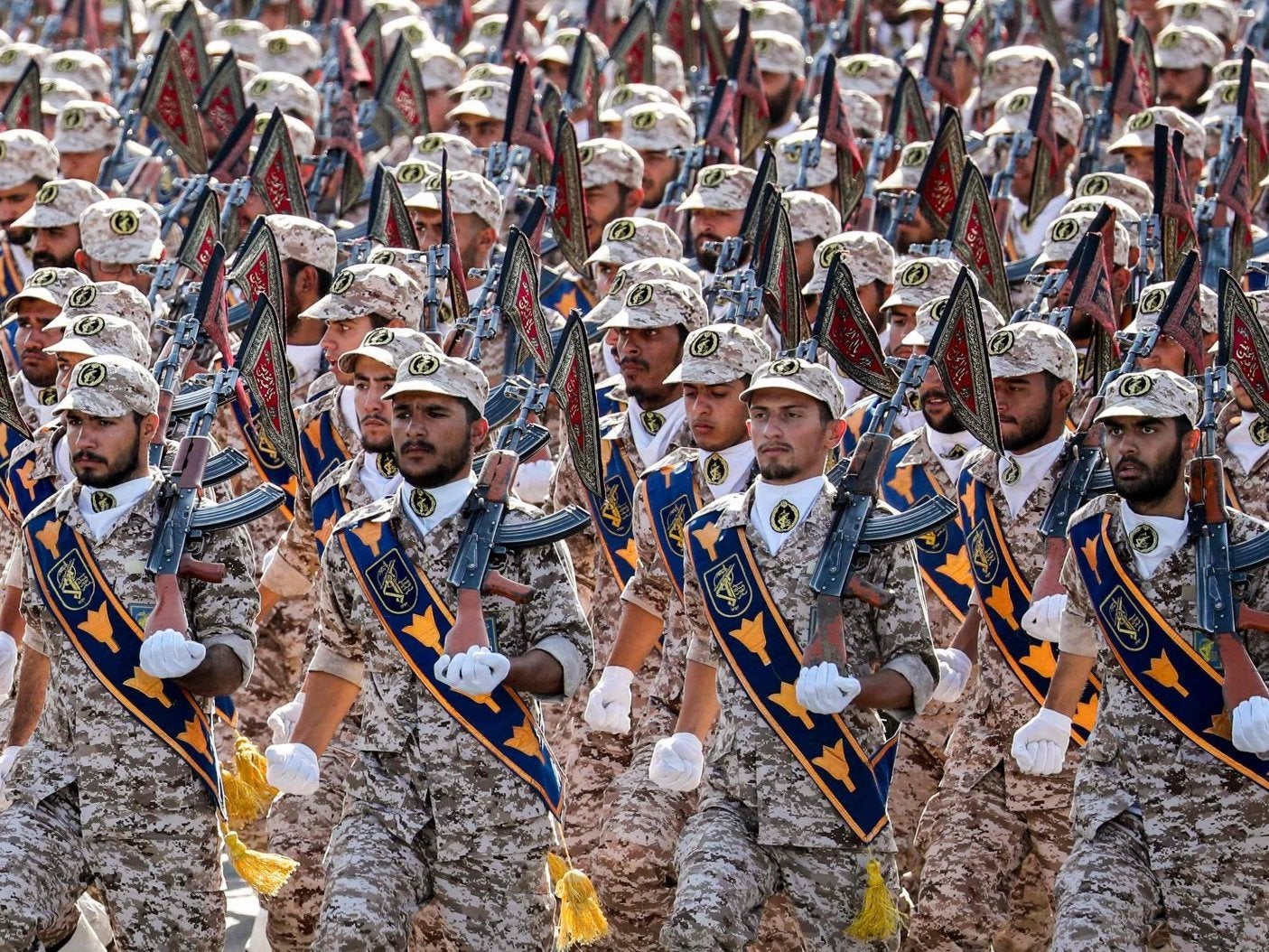 Members of Iran's Revolutionary Guards Corps (IRGC) march during the annual military parade marking the anniversary of the outbreak of the devastating 1980-1988 war with Saddam Hussein's Iraq, in the capital Tehran