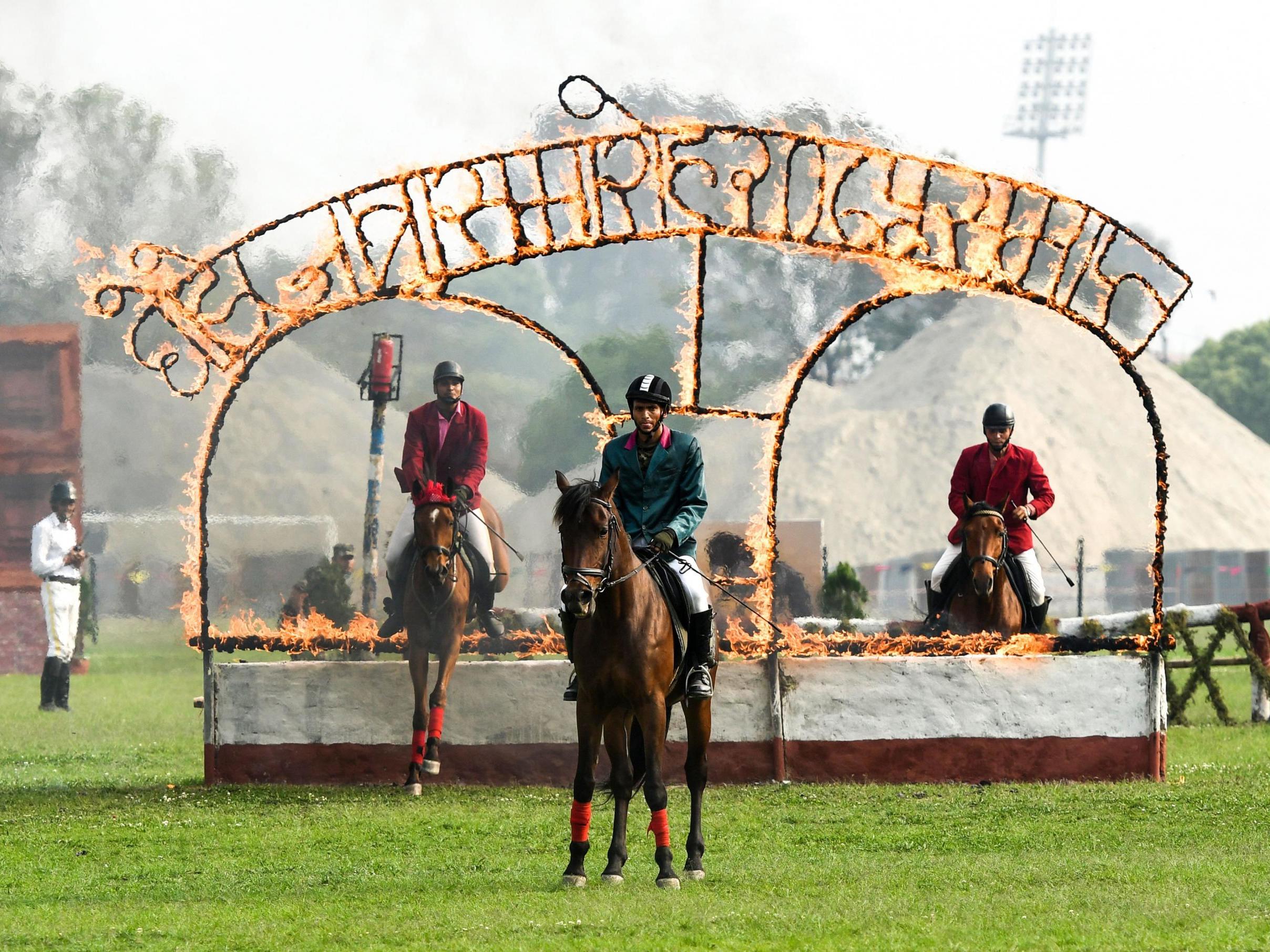 Nepali mounted soldiers perform as they take part in the Ghode Jatra (horse race) festival in Kathmandu on April 5, 2019