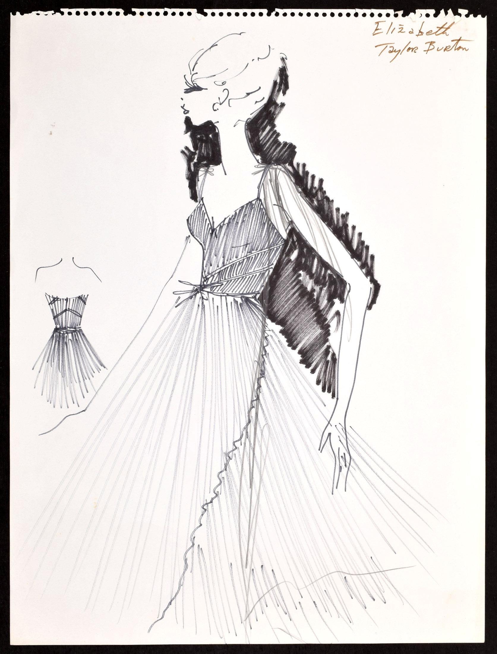 This sketch drawn by Lagerfeld for Hollywood star Elizabeth Taylor is expected to sell for £2,300