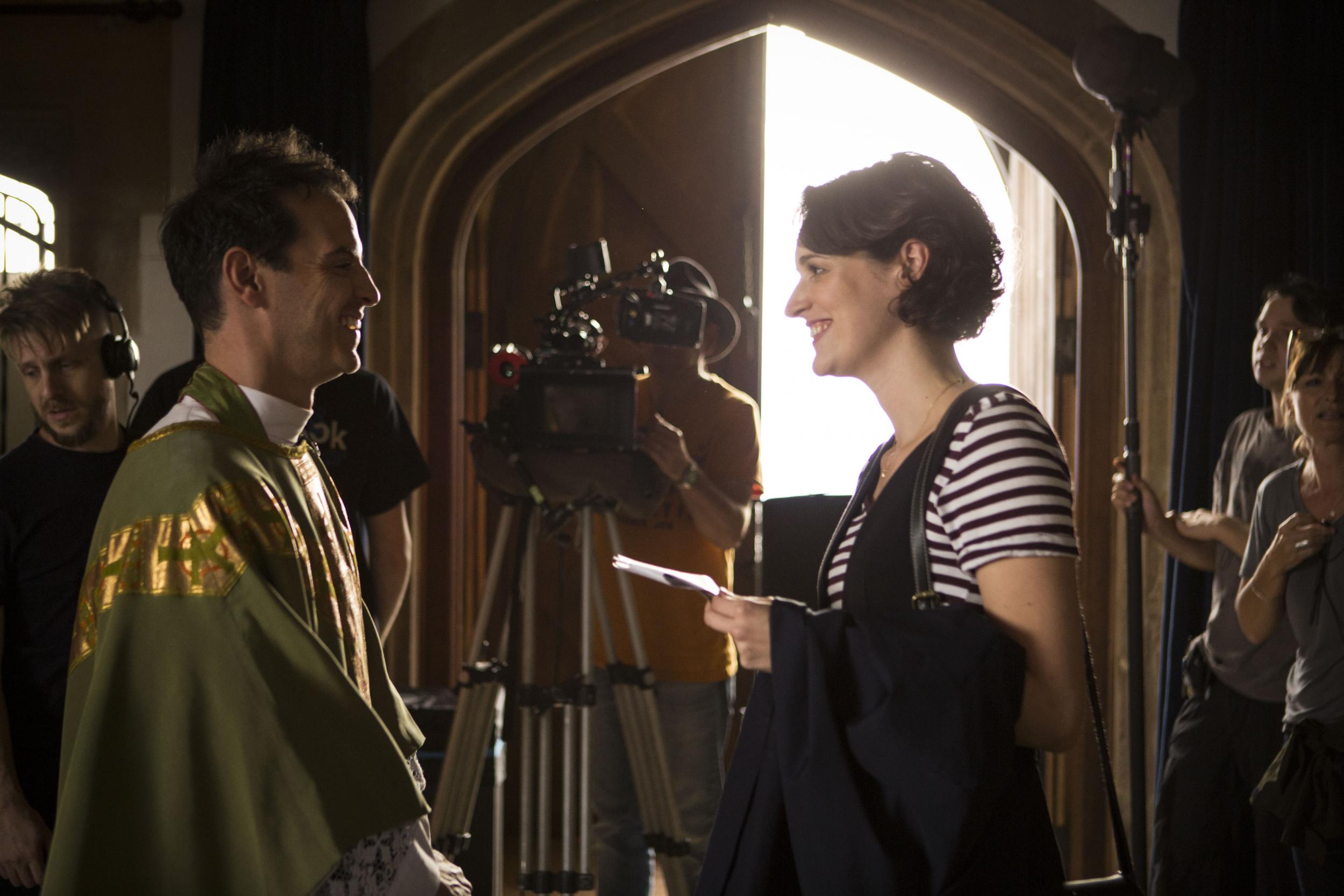 Andrew Scott and Phoebe Waller-Bridge filming scenes for Fleabag