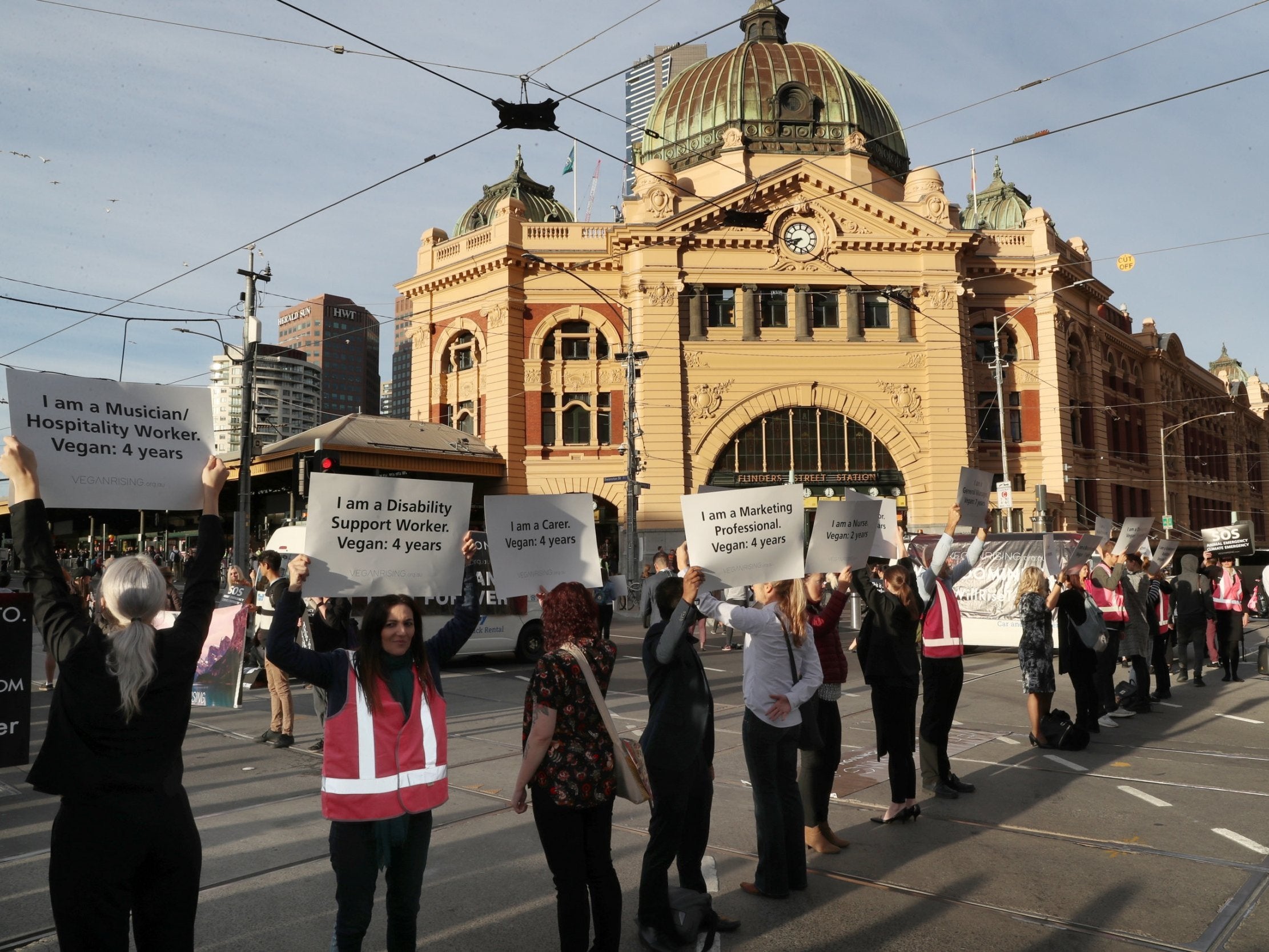 Animal rights protesters block the road in Melbourne in April