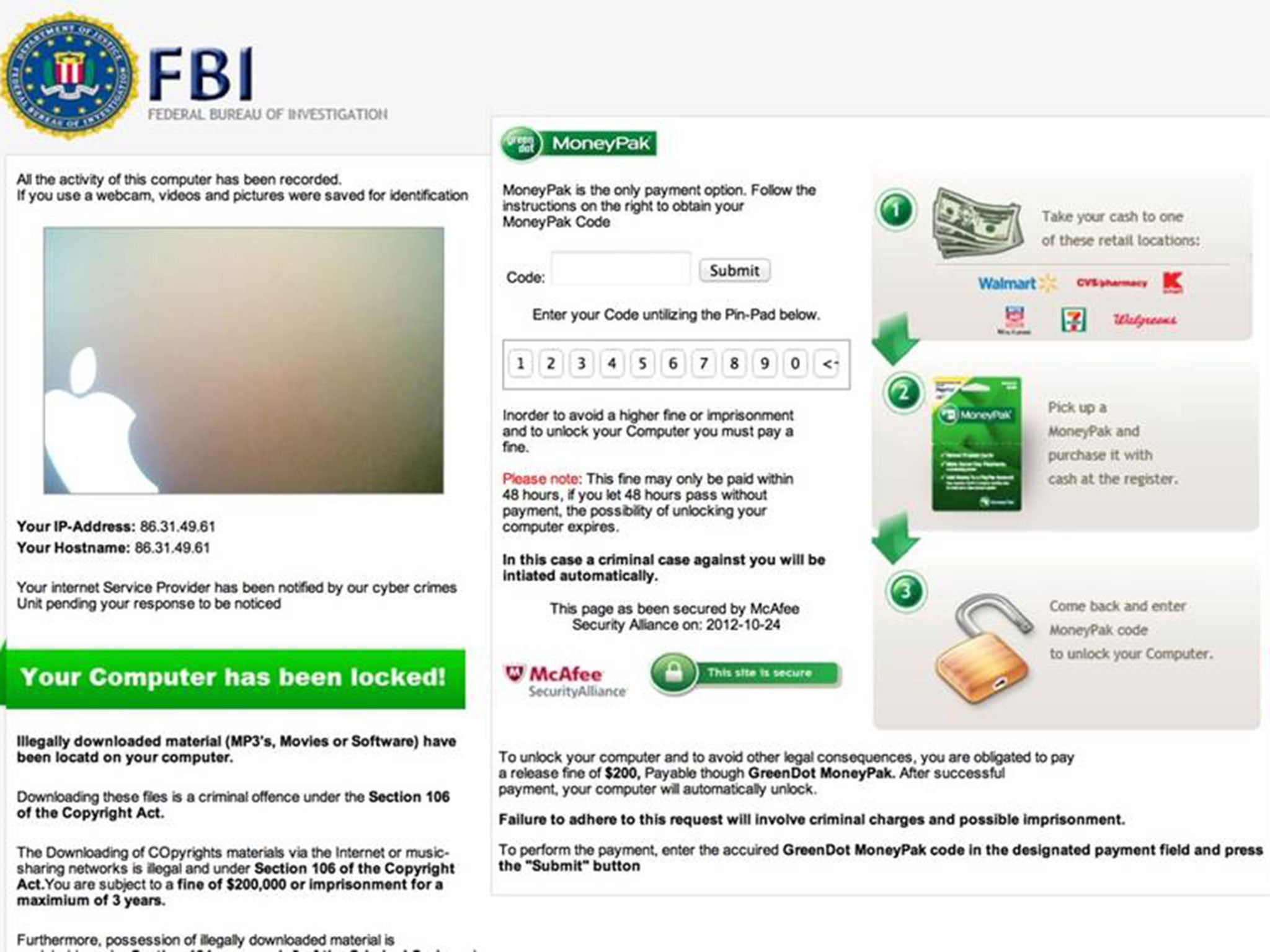 One of the fraudulent lock screens used by Zain Qaiser to blackmail porn users into paying ‘fines'