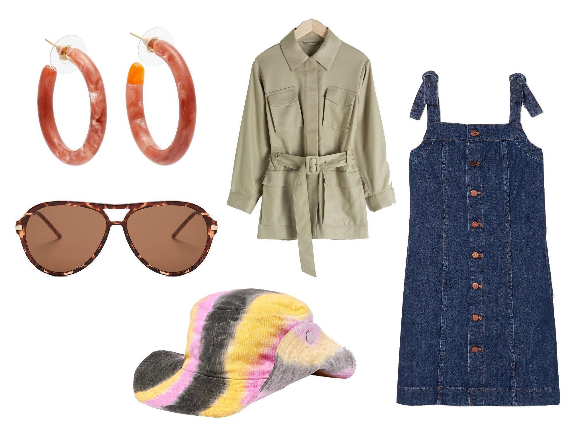 Cult Gaia Rhea hoop earrings: £85, MEEYE Symi tortoiseshell sunglasses: £68, &amp; Other Stories oversized belted workwear jacket: £110, Ganni Shiloh tie dye-effect cotton bucket hat: £120, Madewell denim mini dress: £145