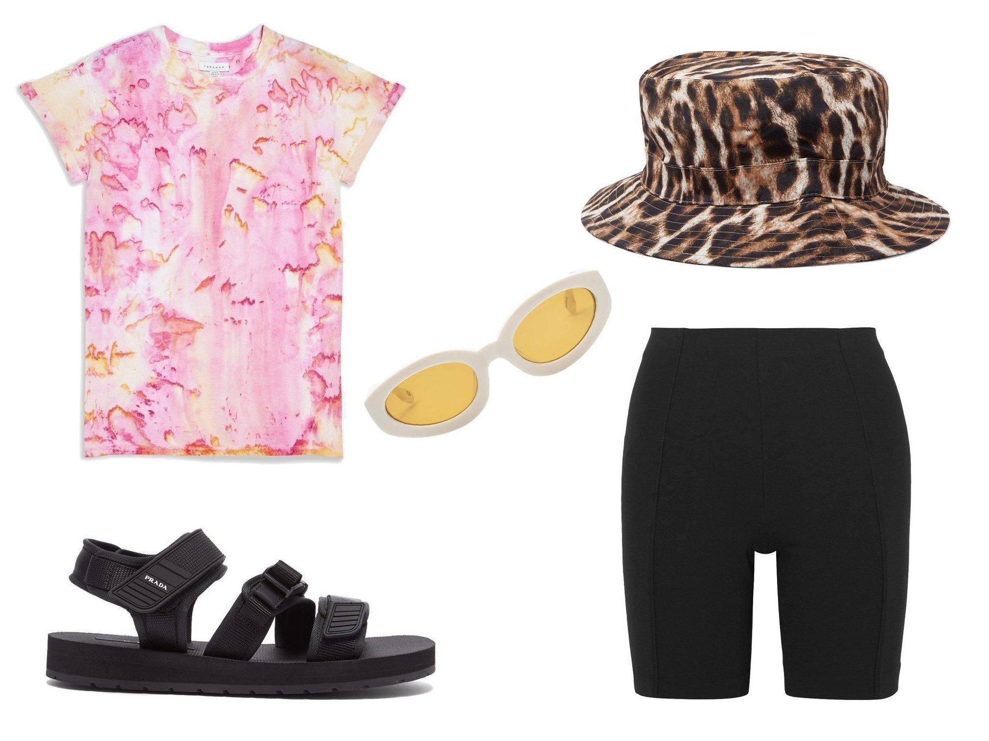 Topshop tie dye T-shirt: £19, Prada clip buckle-fastening velcro strap sandals: £420, Le Specs meteor armour glasses: £98, R13 leopard-print canvas hat: £130, Ninety Percent stretch-jersey shorts: £80