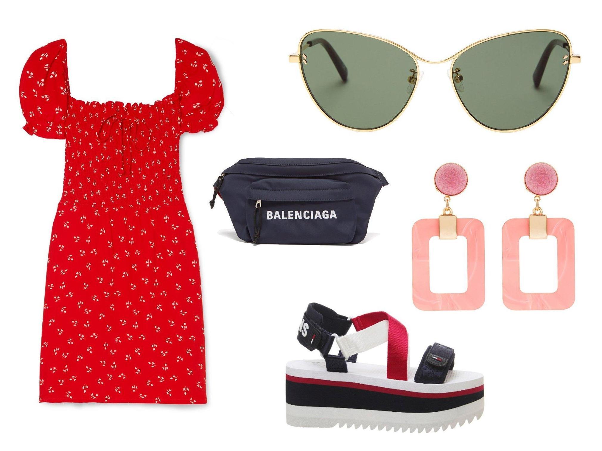 Faithfull The Brand Genevieve dress: £146, Stella McCartney cat-eye metal sunglasses: £155, Balenciaga wheel logo-embroidered belt bag: £575, Accessorize resin square link earrings: £8, Tommy Hilfiger sporty neoprene flatform sandals: £60