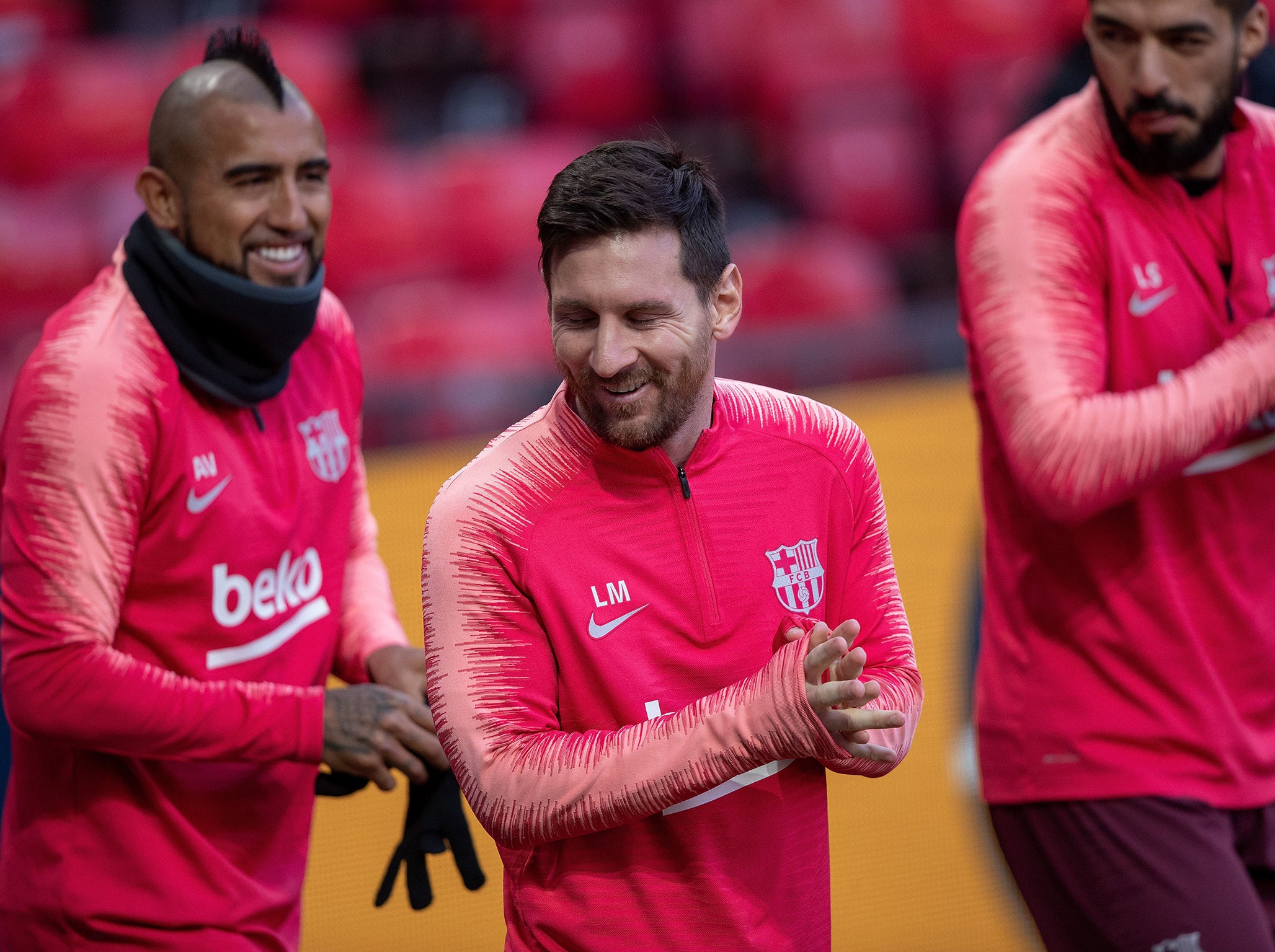 Lionel Messi takes in Old Trafford