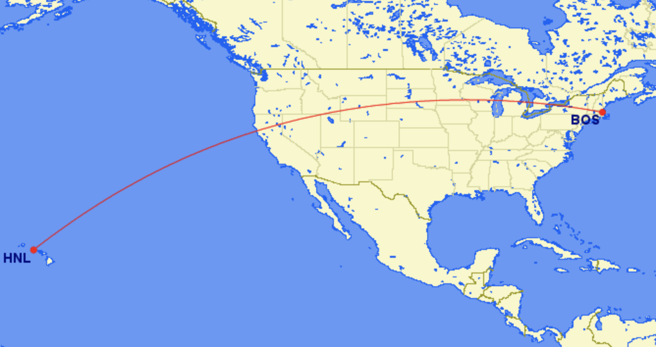 Long hop: the route of the Hawaiian Airlines flight between Boston (BOS) and Honolulu (HNL)