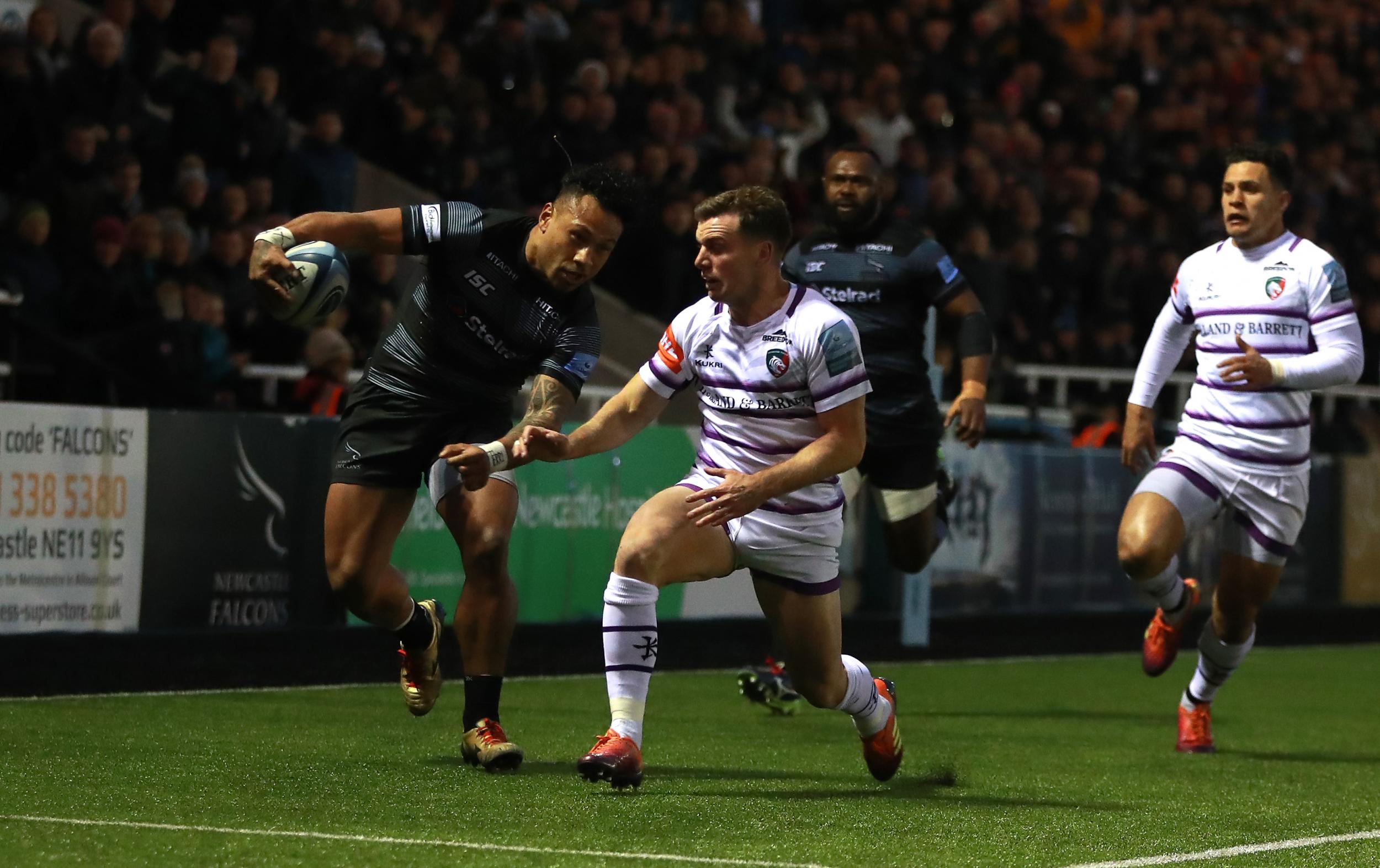 Sonatone Takalua beats George Ford to score a try for Newcastle