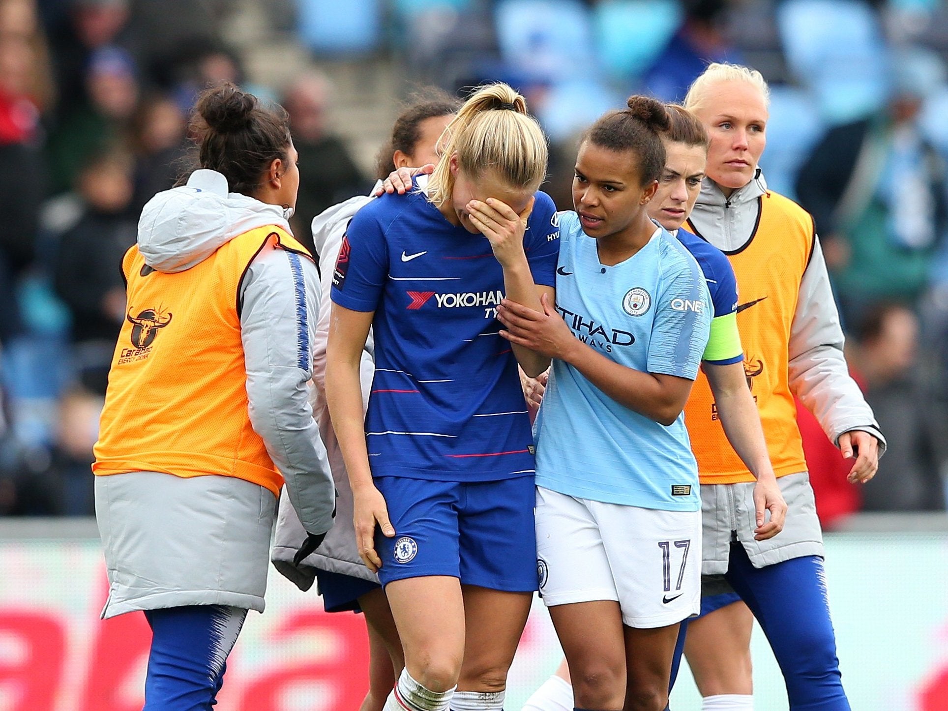 Magdalena Eriksson is consoled after the cruel injury-time error