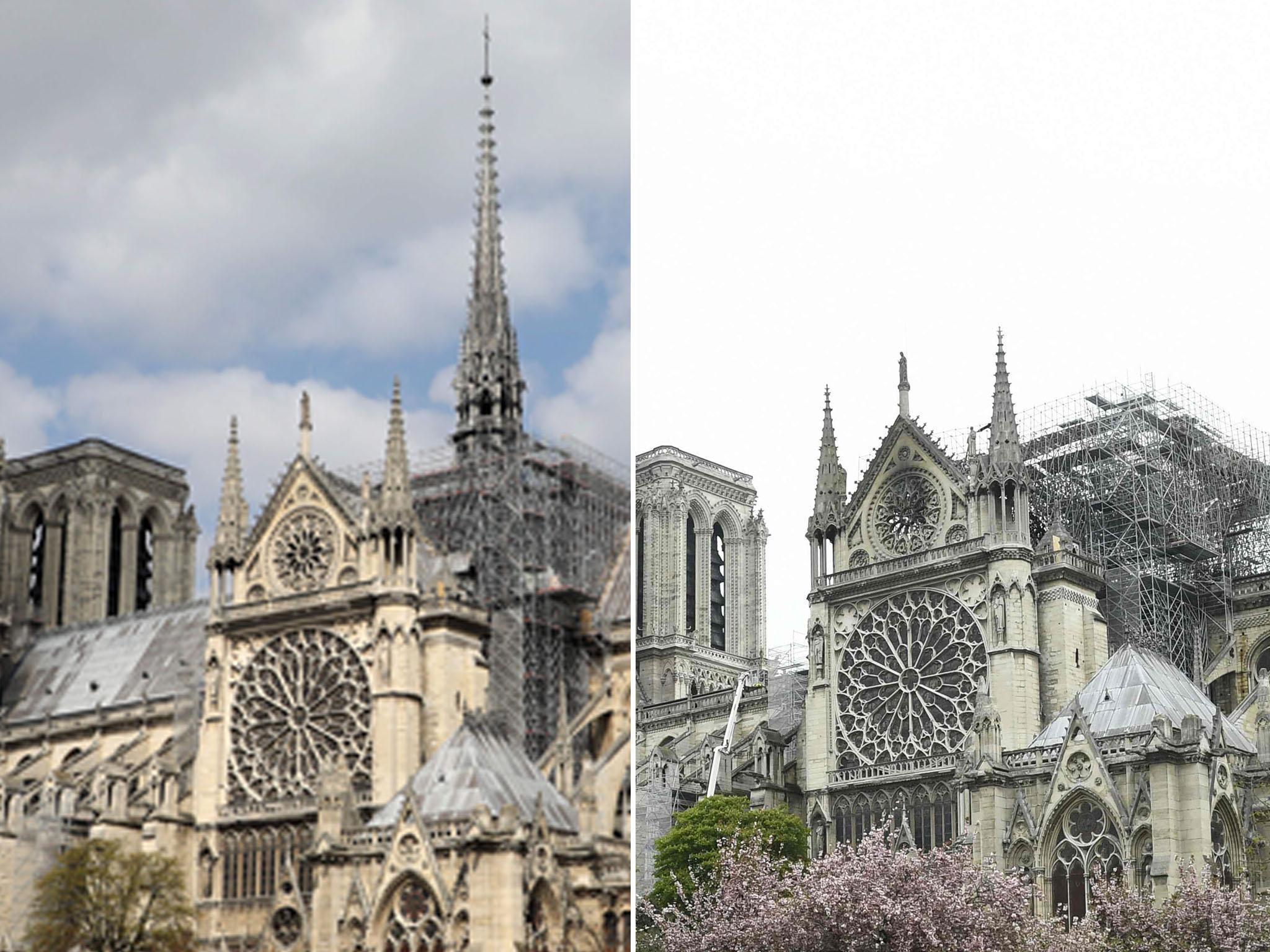 The cathedral with the spire standing tall (left) and (right) after the fire
