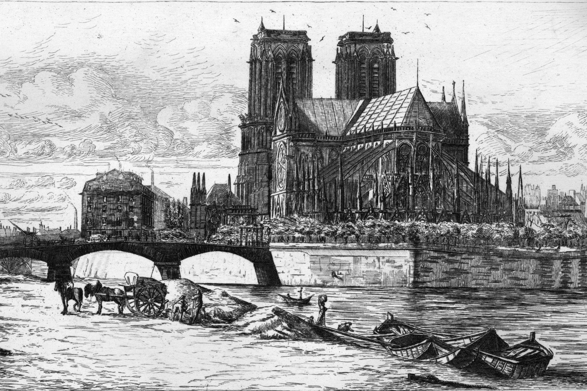 An etching of Notre Dame by Charles Meryon, circa 1850