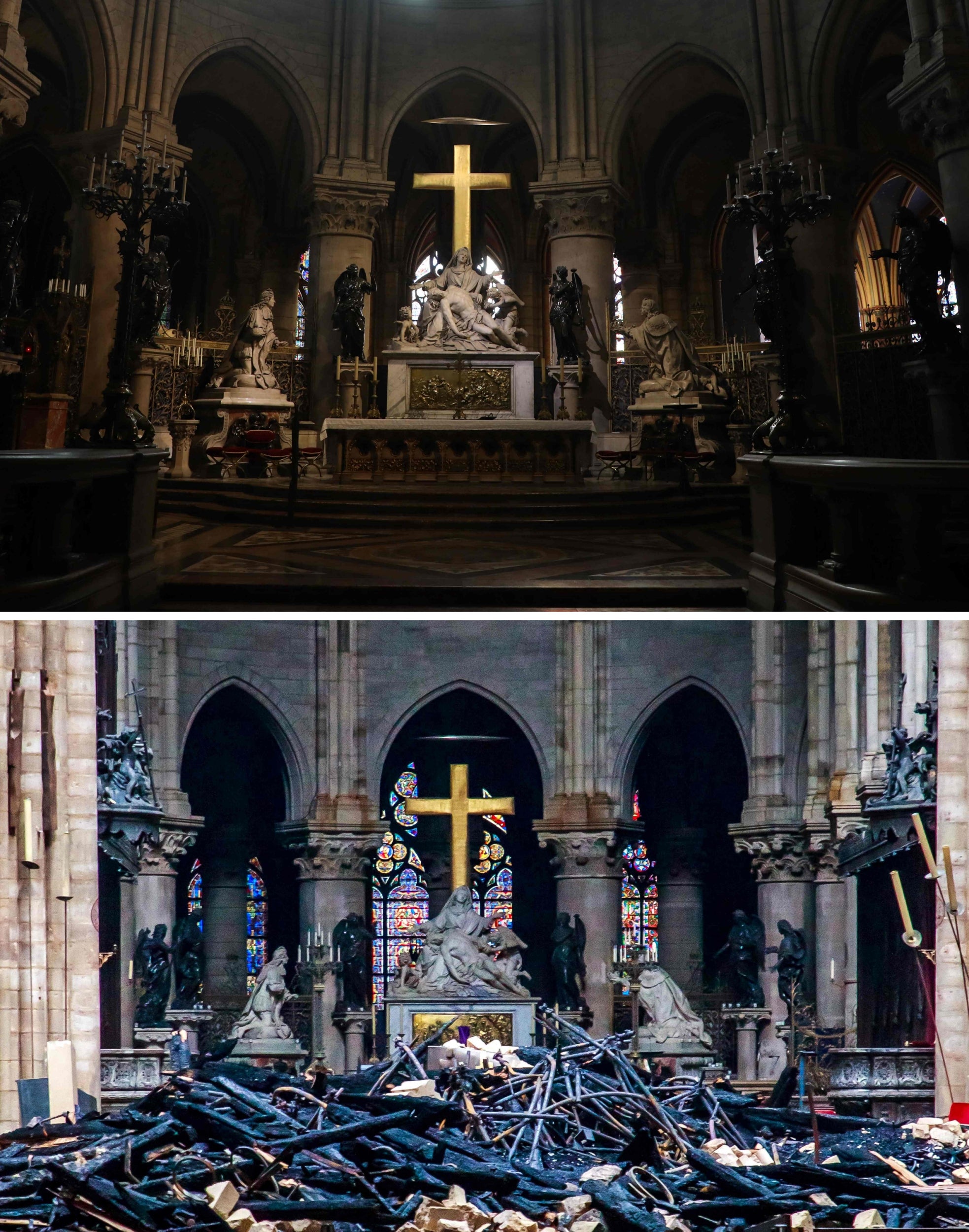 The heart and transept before and one day after the fire