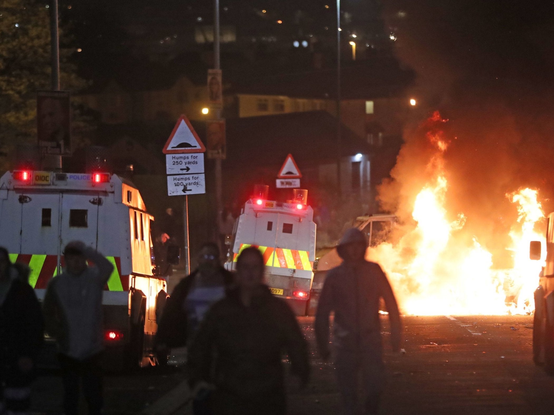 A burning car in Creggan, Derry after petrol bombs were thrown at police on 18 April