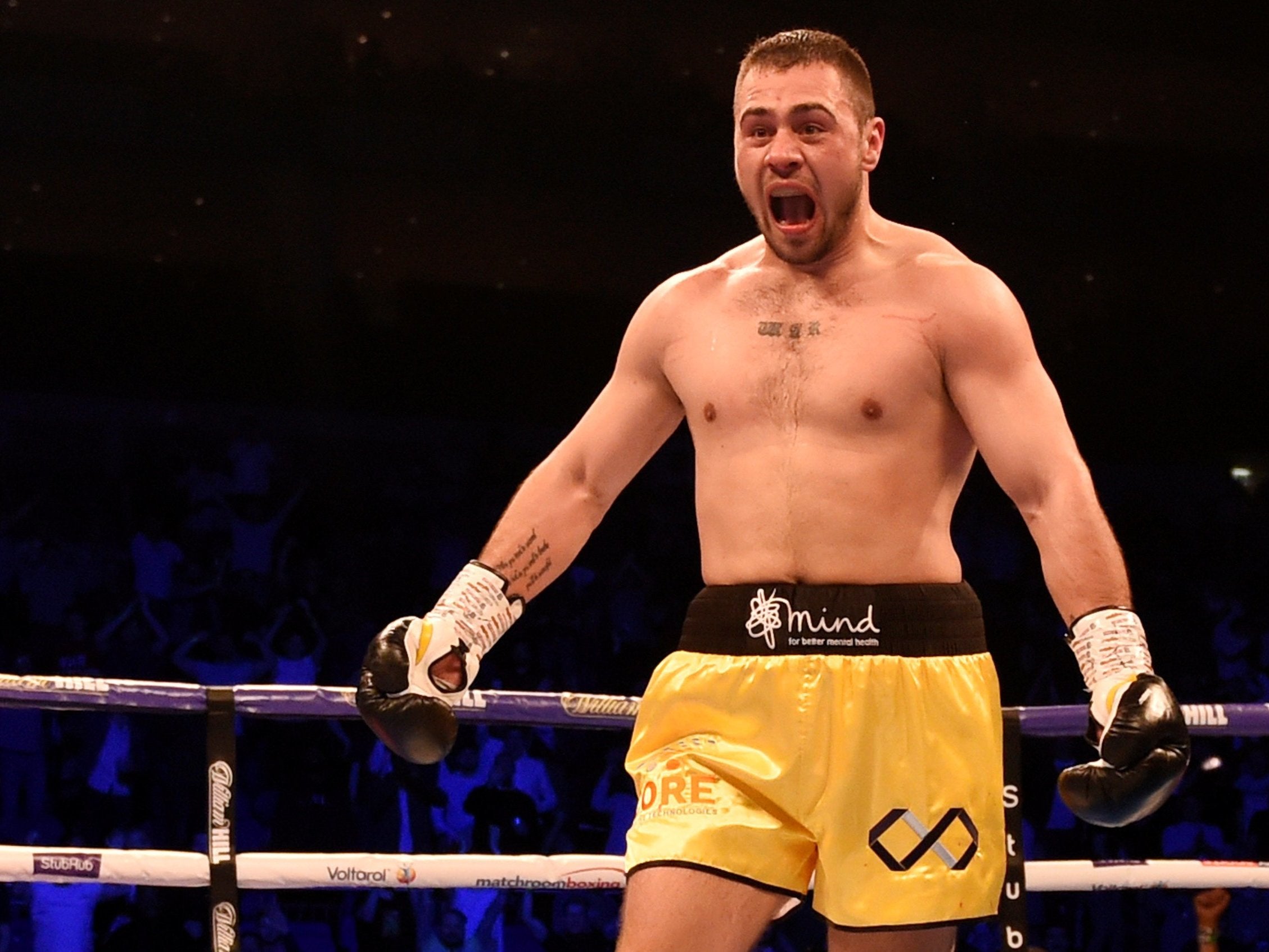 Dave Allen celebrates his knockout victory over Lucas Browne at the O2 Arena