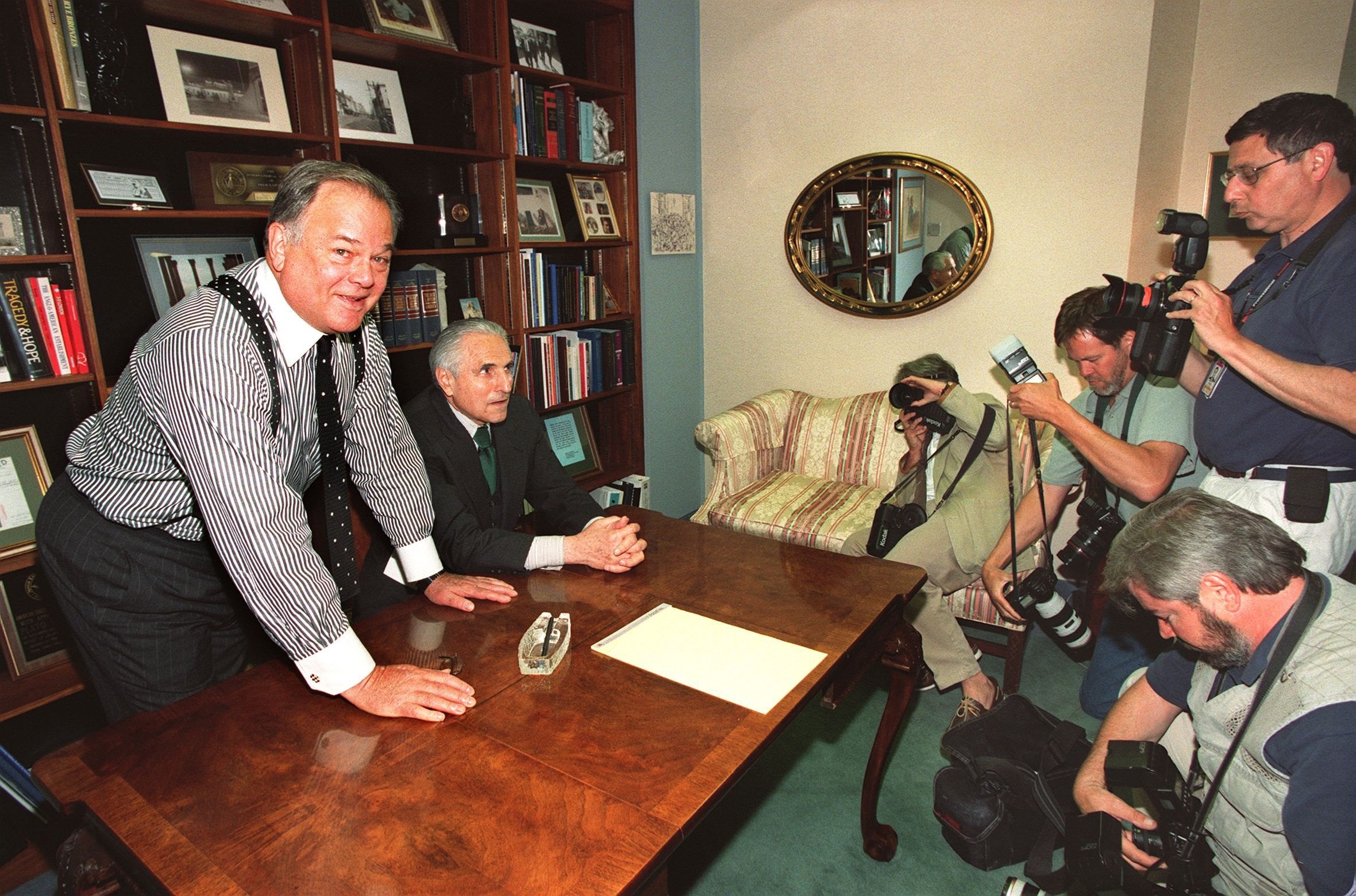 Stein (seated) with Plato Cacheris in their Washington office after being announced as Monica Lewinsky's new representation