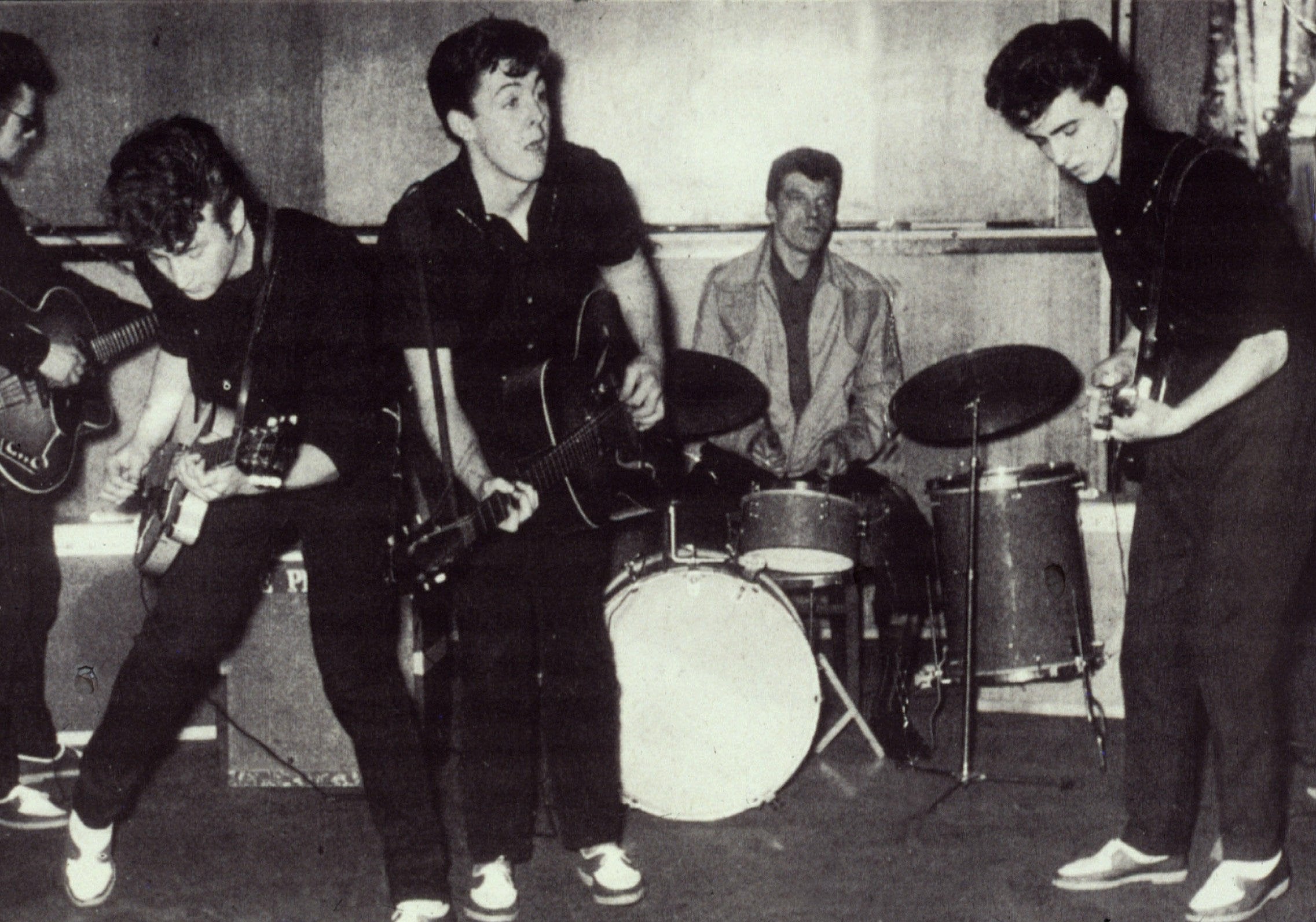 Hutchinson plays drums during a Silver Beetles audition session