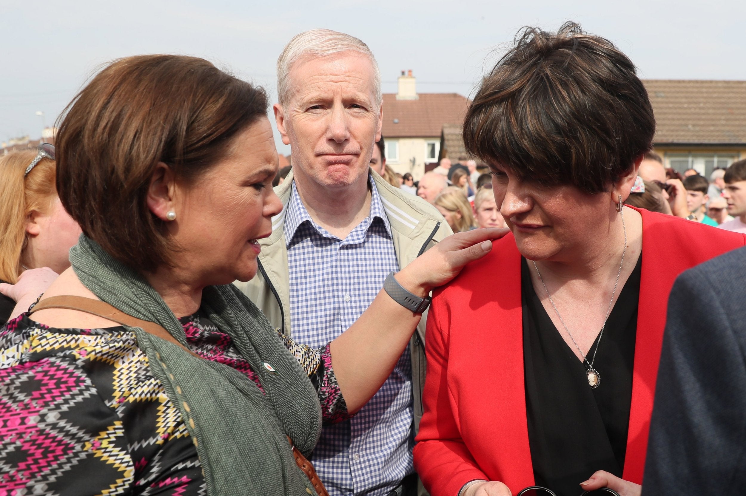 Mary Lou McDonald and Arlene Foster in Creggan on Friday evening