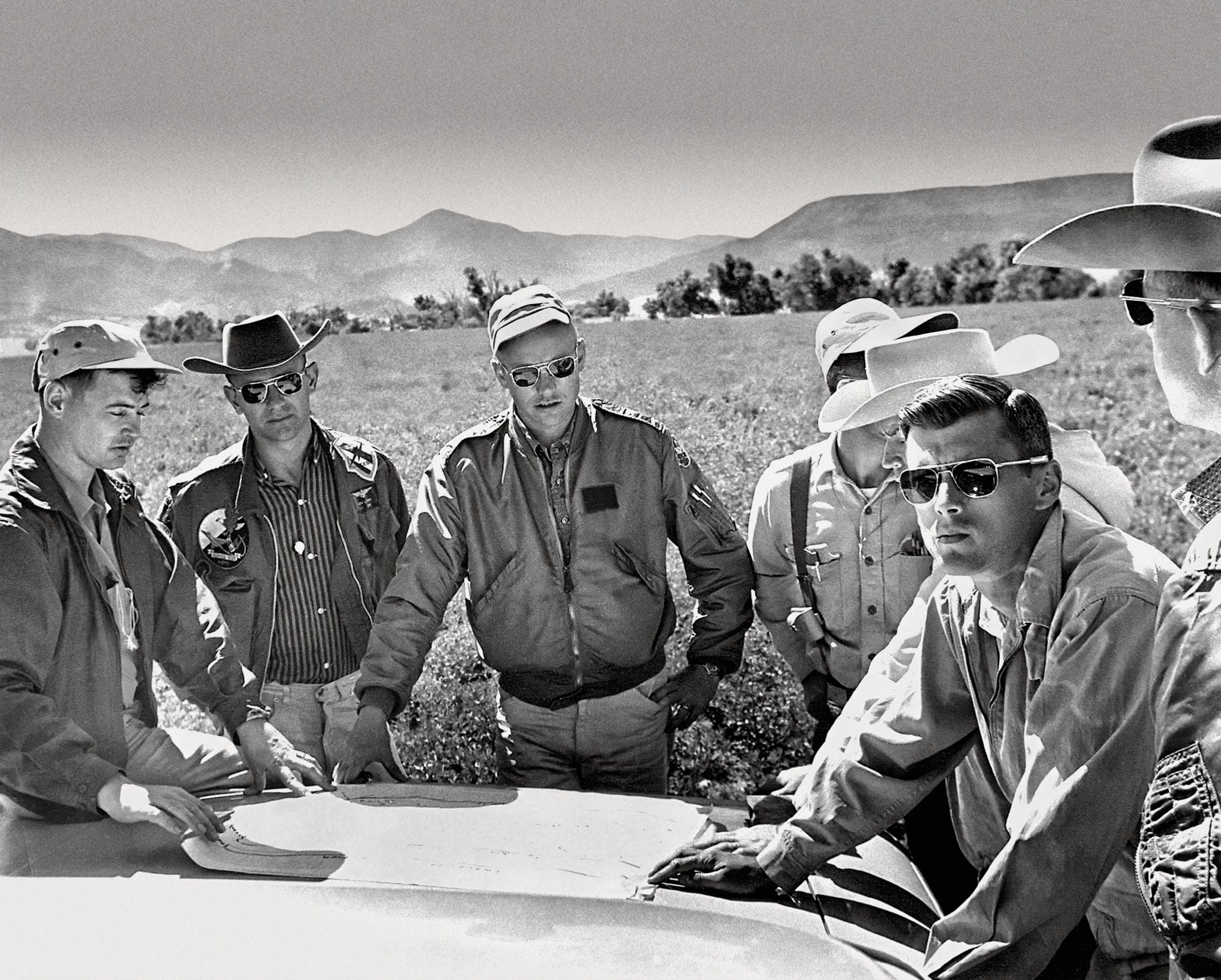 Geology training, at Philmont Boy Scout Ranch, near Cimarron, New Mexico. (Left to right): Marty Kane (United States Geological Survey), astronauts Alan Bean, Neil Armstrong, Bill Anders, Roger Chaffee, and Joel Watkins (USGS)