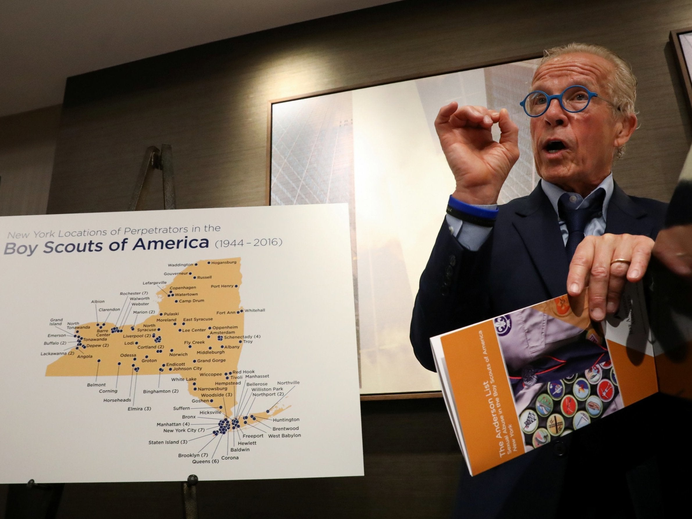 Attorney Jeff Anderson speaks during a news conference accusing the Boy Scouts of America of harboring thousands of sexual abusers in New York, US, 23 April 2019.