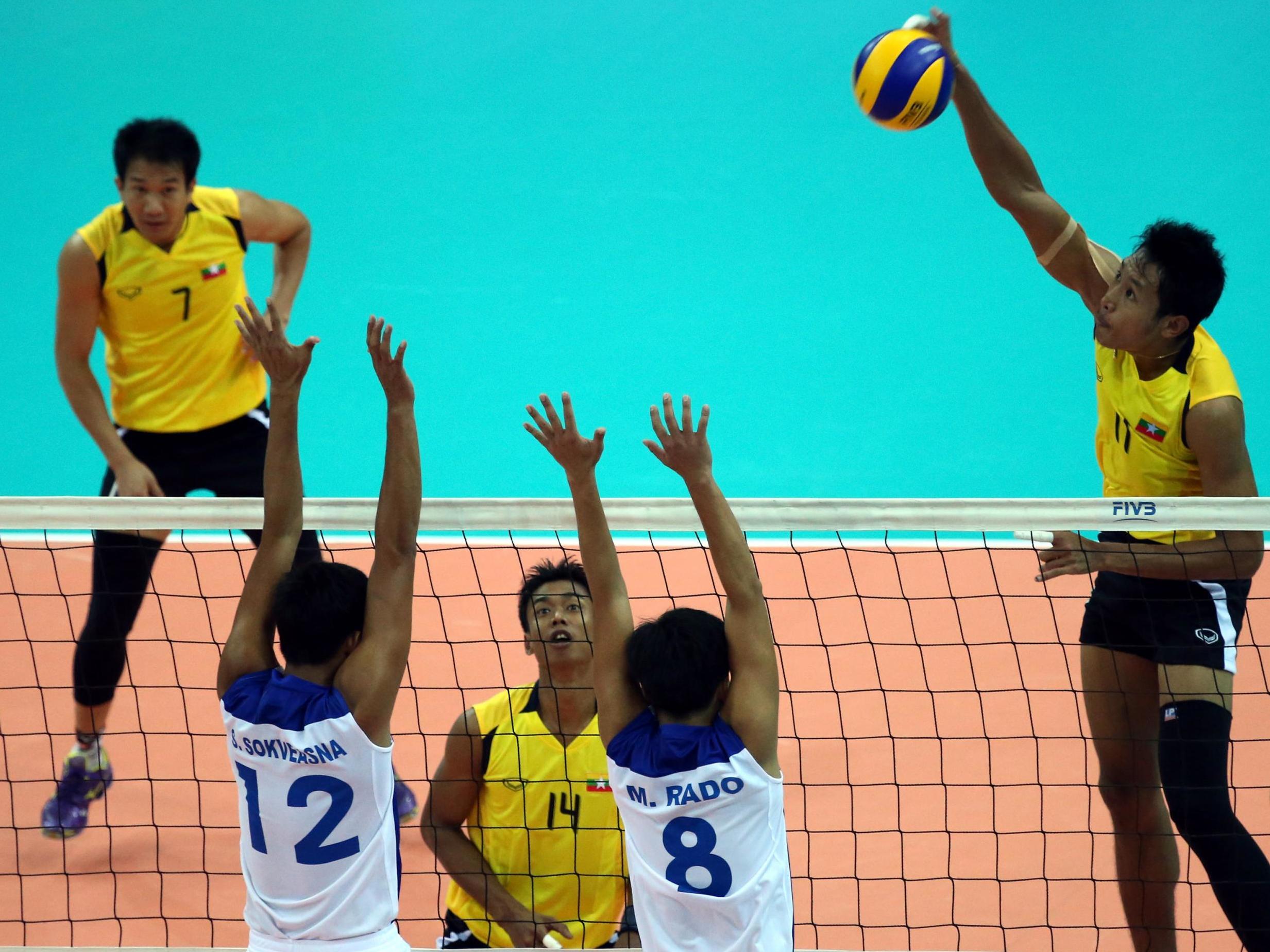 Cambodia in action during the Men's Team Volleyball at the 2013 SEA Games