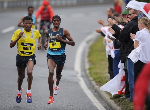 Mo Farah and Hiaile Gebrselassie at the Great North Run in 2013