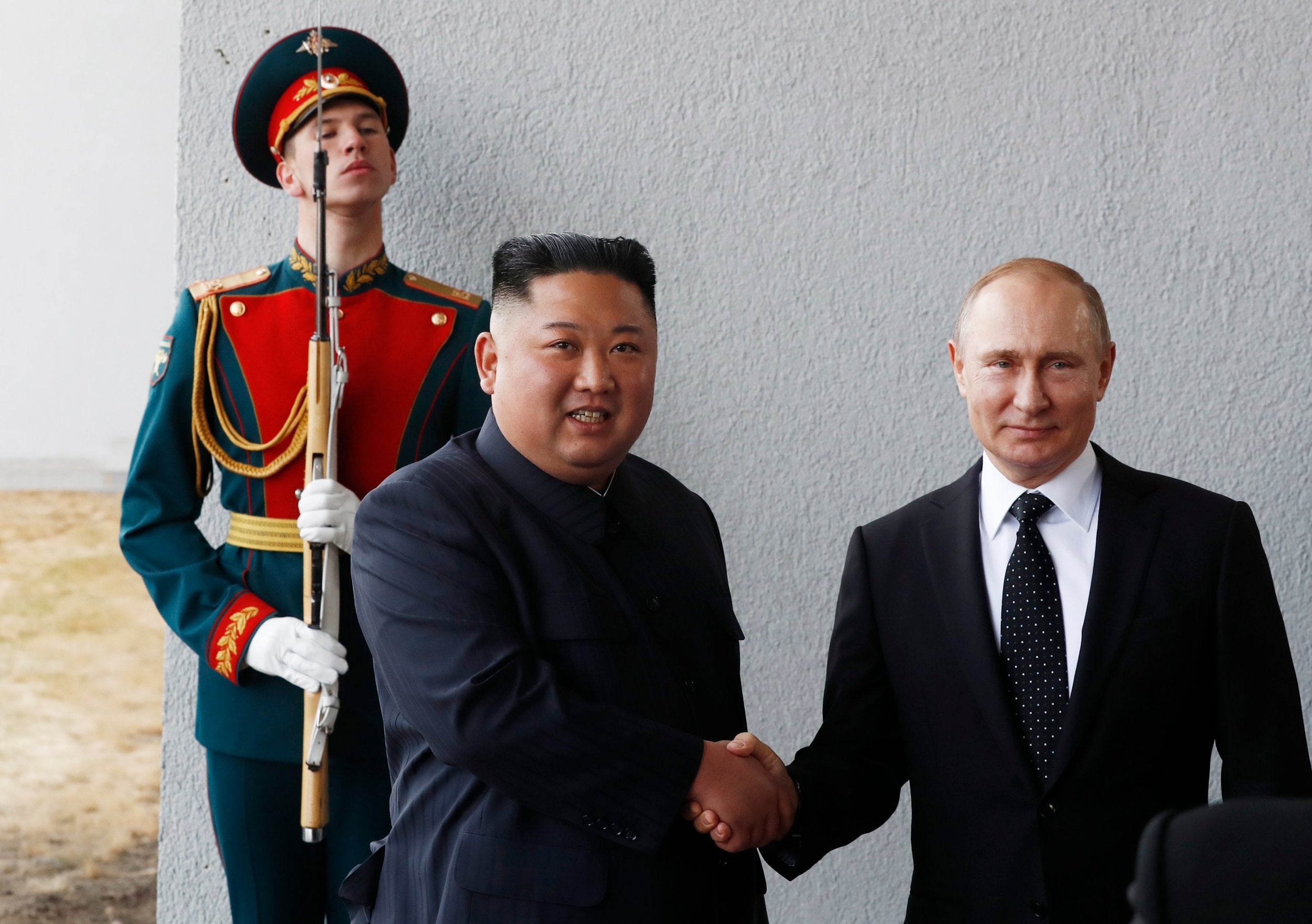 &#13;
Kim Jong-un and Vladimir Putin greeted other warmly in Vladivostok &#13;