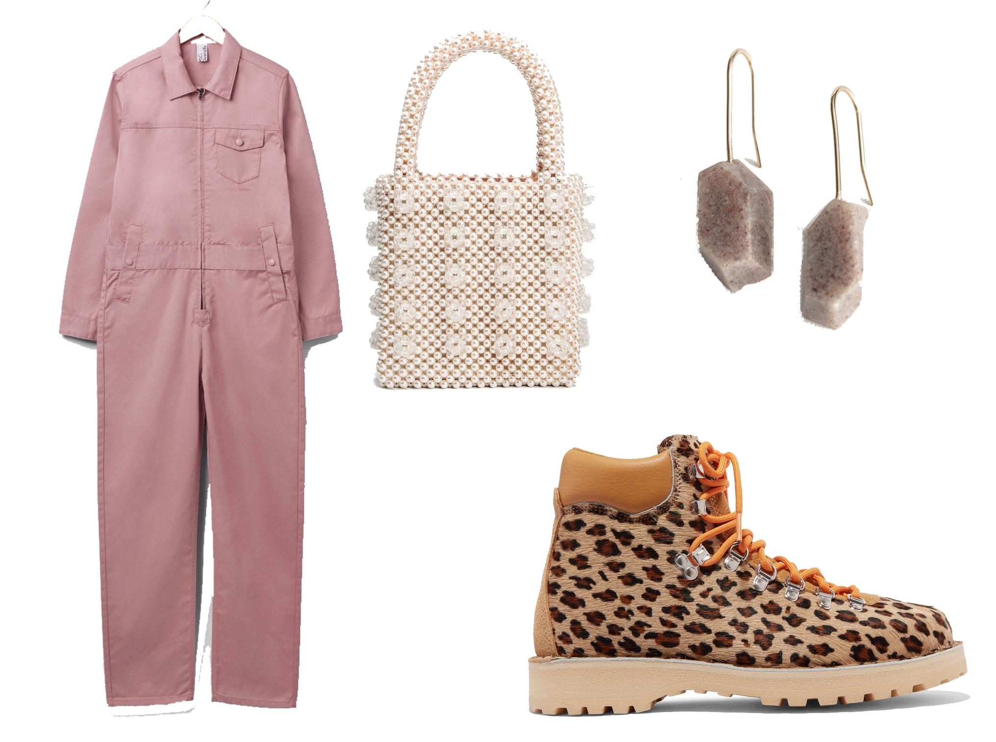 MC Overalls polycotton collared zip overall: £150, Shrimps Antonia bag in cream: £450, &amp; Other Stories raw edge stone hanging earrings: £17, Diemme, brown and black leopard print boots: £340.