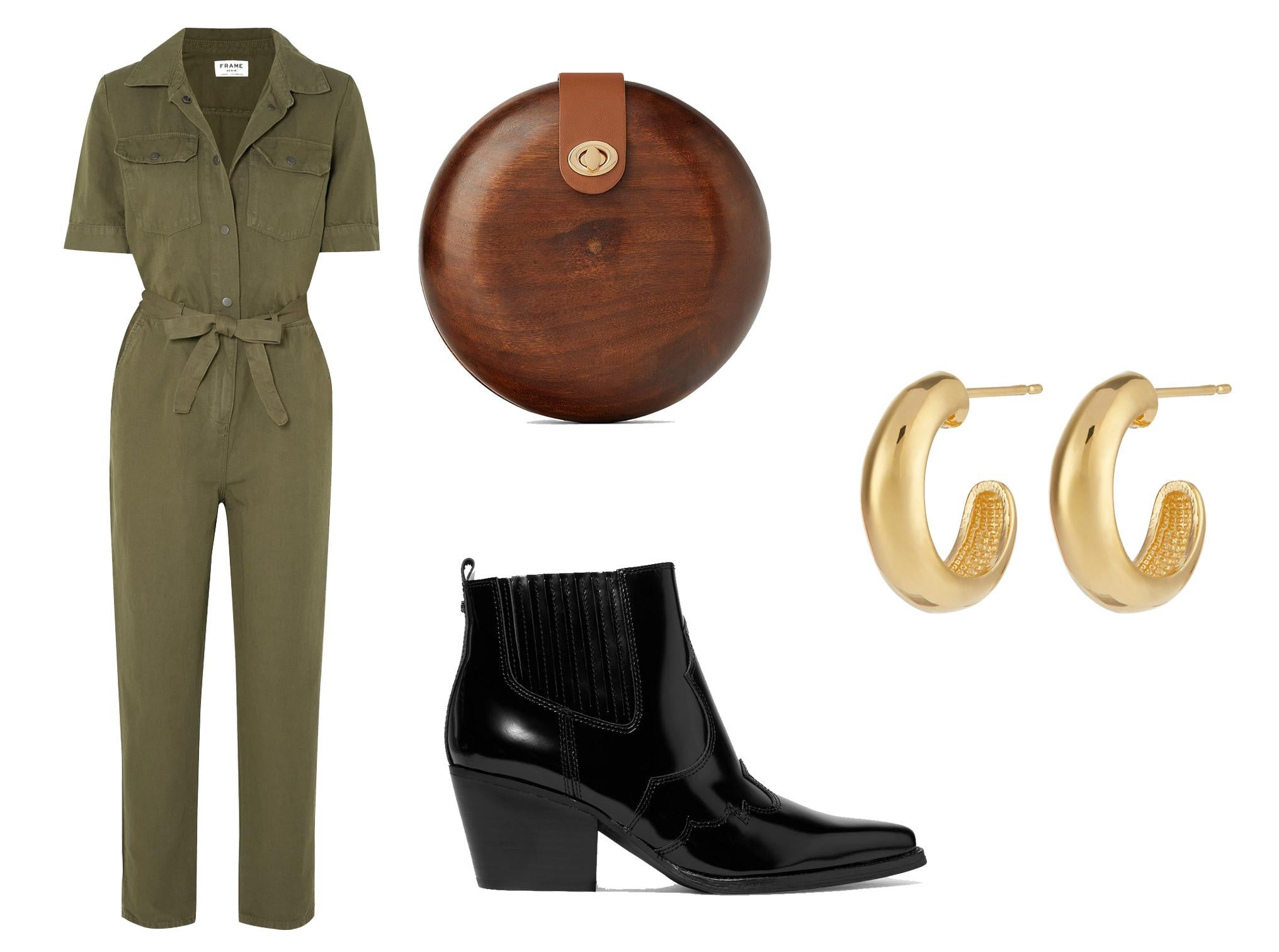 Frame belted cotton and linen-blend jumpsuit: £320, Zara crossbody wooden bag: £29.99, Sam Edelman Winona glossed-leather ankle boots: £165, Accessorize chunky small hoop earrings: £12