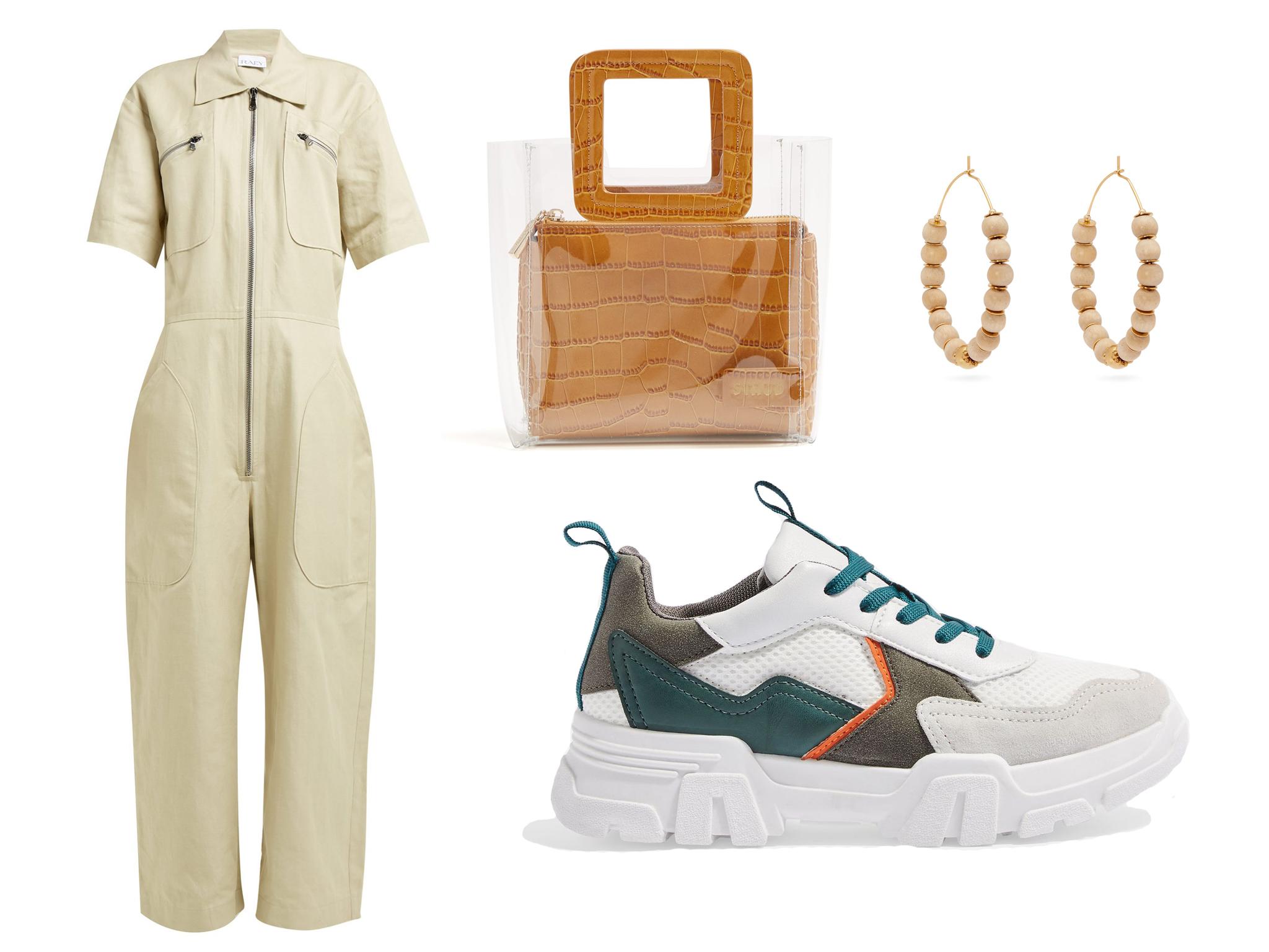 Raey zip-front cotton-blend jumpsuit: £495, Staud mini Shirley leather &amp; PVC tote bag: £160, Elise Tsikis lakkia beaded hoop earrings: £100, Topshop Casablanca chunky trainers: £25