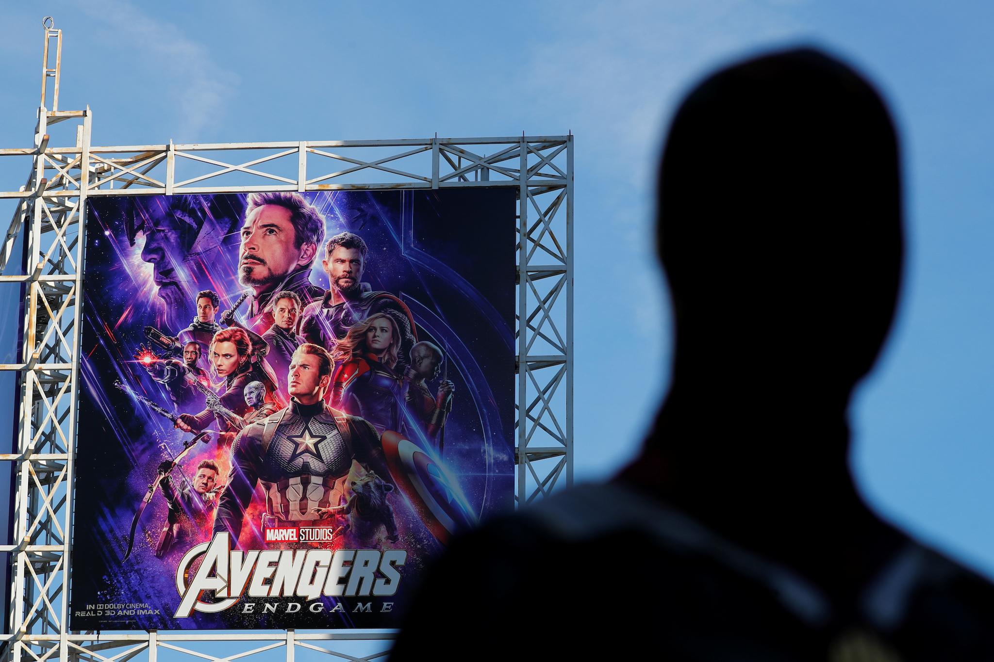 An Avengers fan in costume arrives at the TCL Chinese Theatre in Hollywood to attend the opening screening of "Avengers: Endgame"