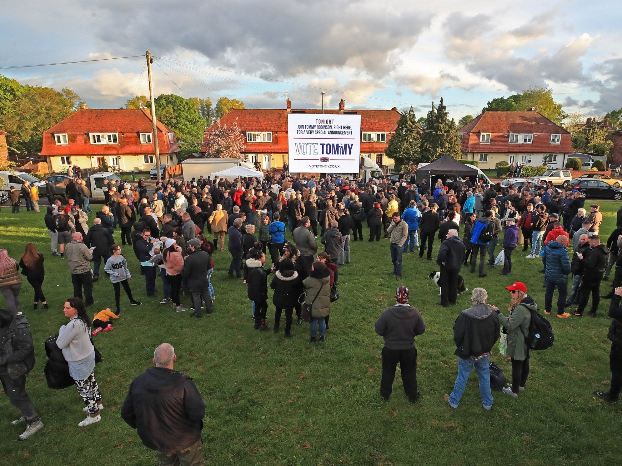 Supporters at a barbecue and rally in Manchester for Former English Defence League leader Tommy Robinson on 25 April