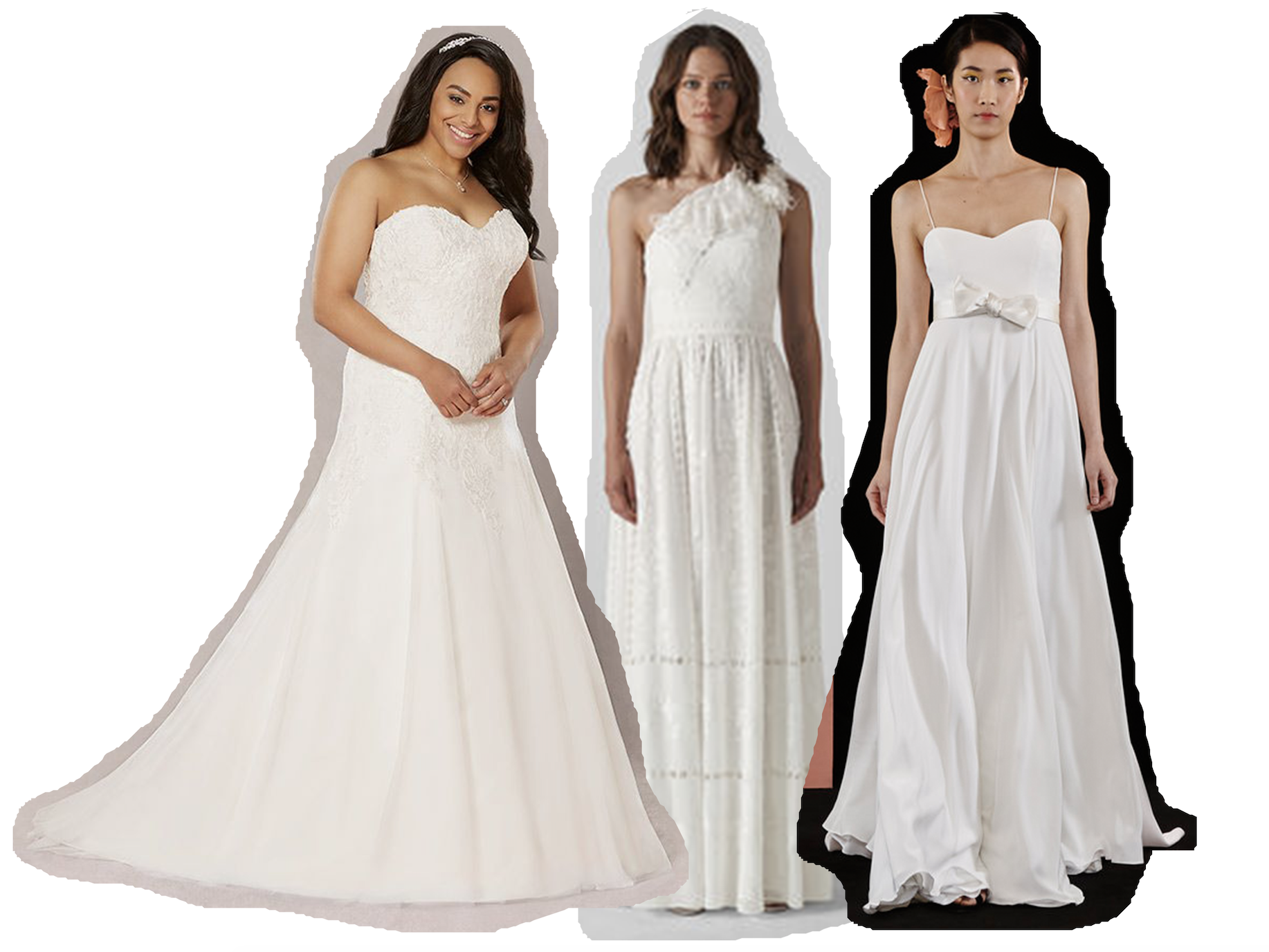 Bellami, Dawn, £549, Wed2B; Adelaide wedding dress, £699, Whistles; Carenne, POR, Charlie Brear