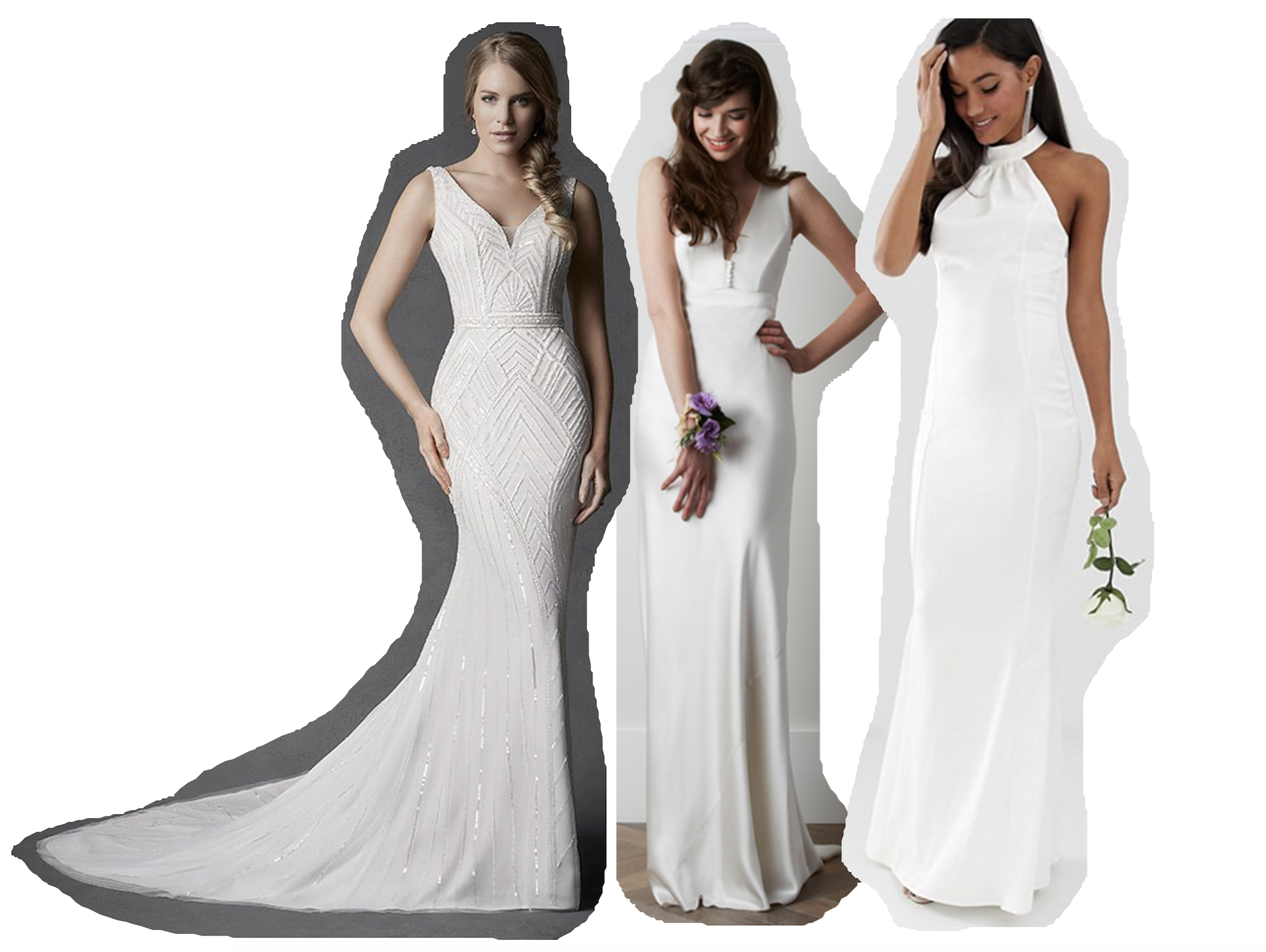 The Signature Collection, Cyrus, £599, Wed2B; Haliton, POR, Charlie Brear; Lipsy, Bridal High Neck Maxi Dress, £75, Asos