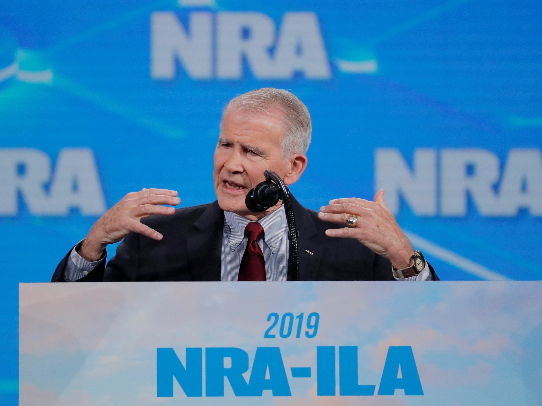 Oliver North addresses the NRA's annual meeting earlier this week