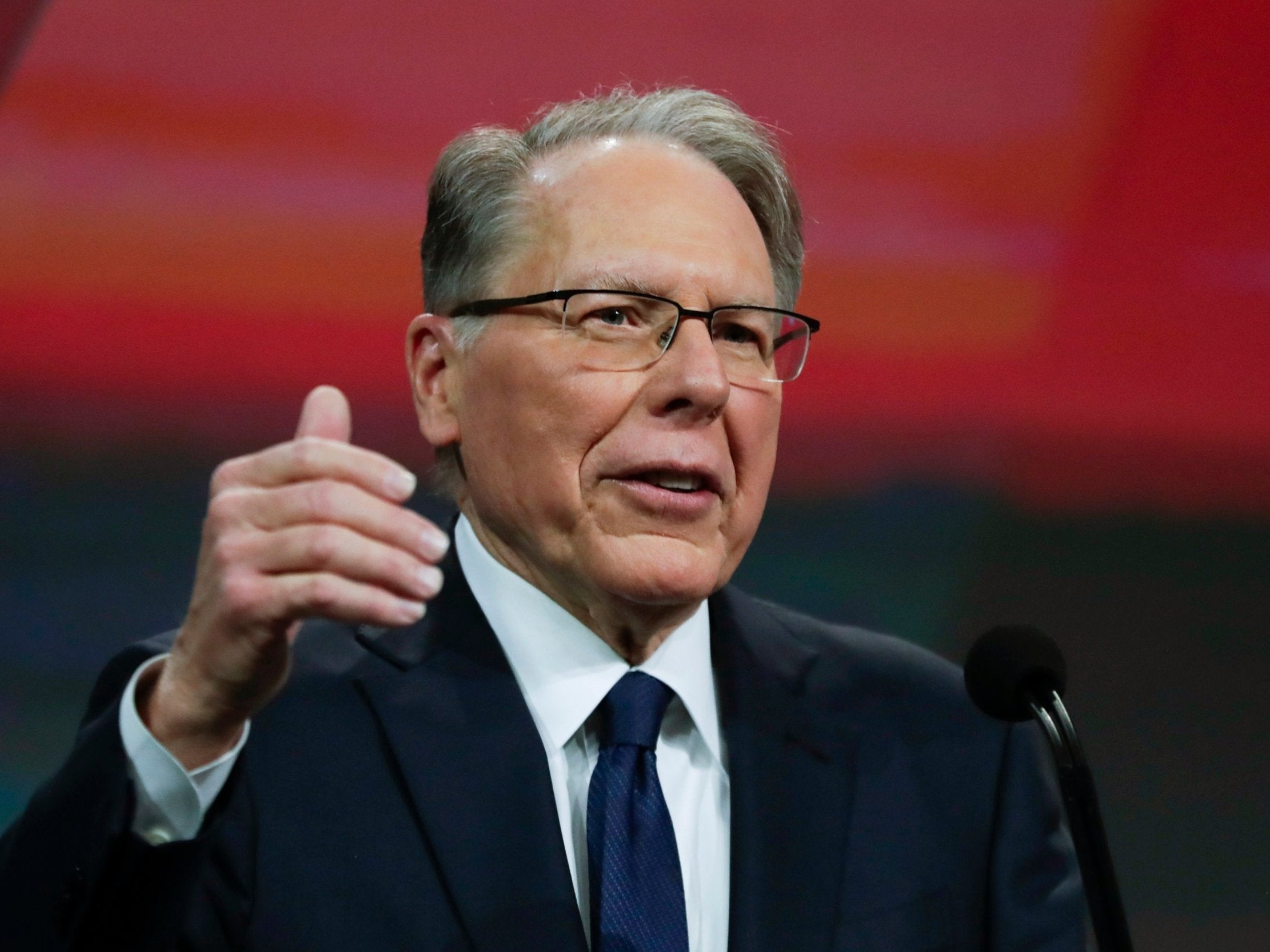 Wayne LaPierre speaks at the NRA conference in Indianapolis on Saturday, 27 April