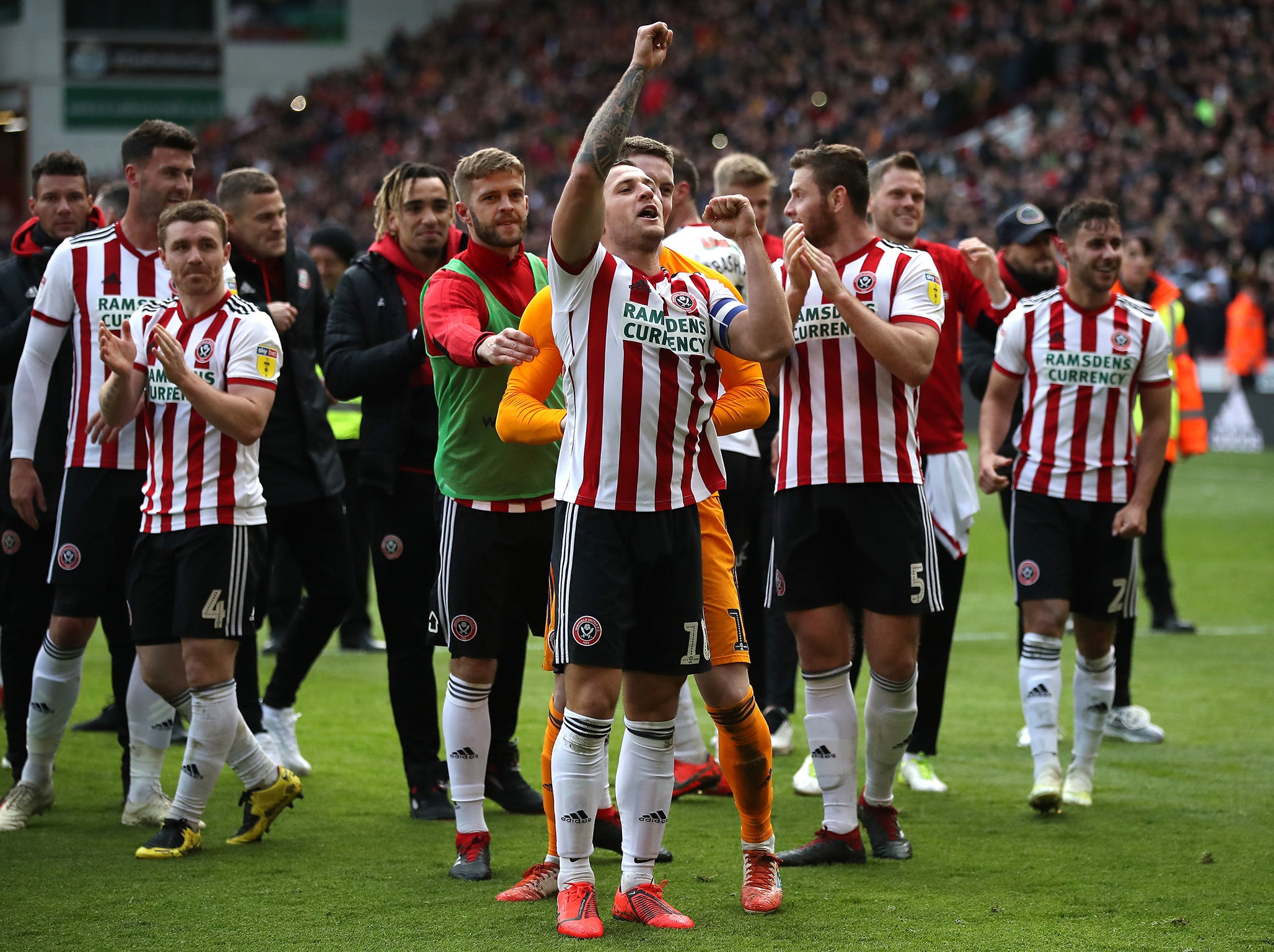 Sheffield United's players celebrate after their win on Saturday