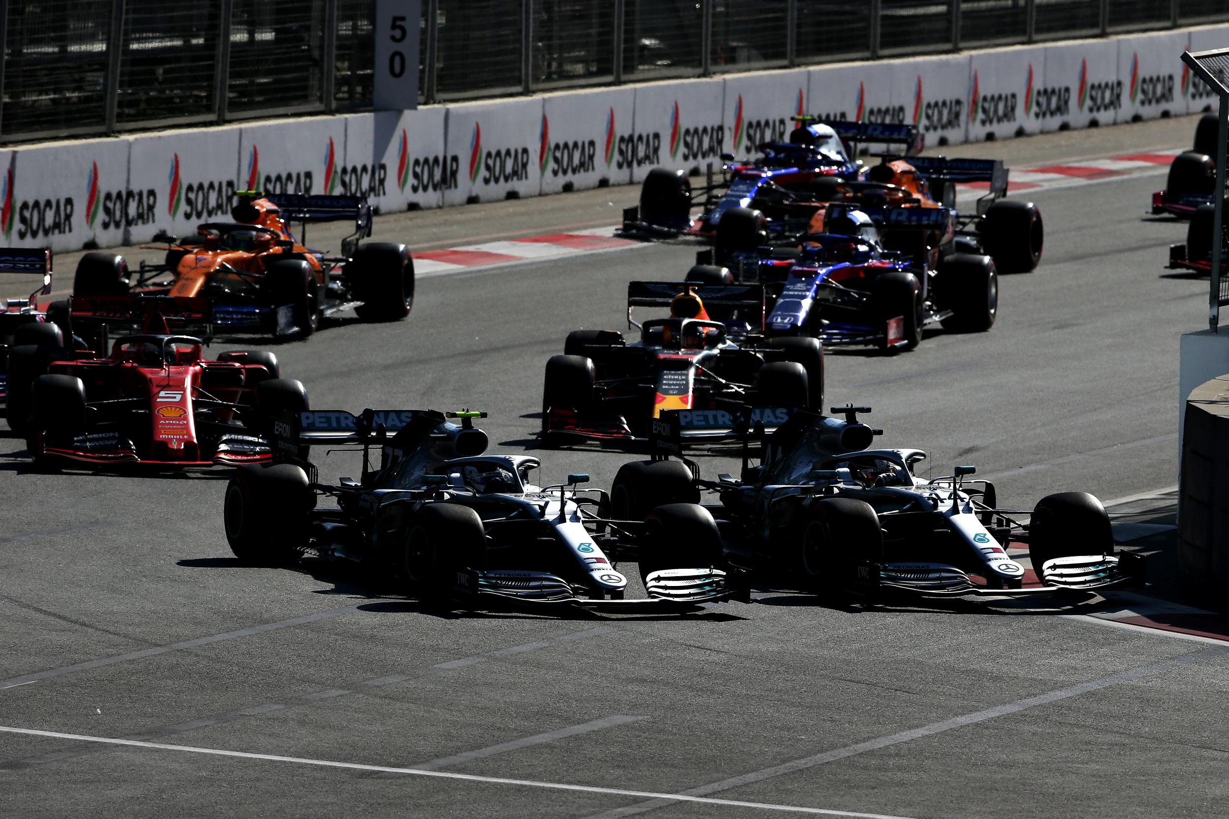 Hamilton briefly led into Turn One before Bottas re-took the lead (Getty)