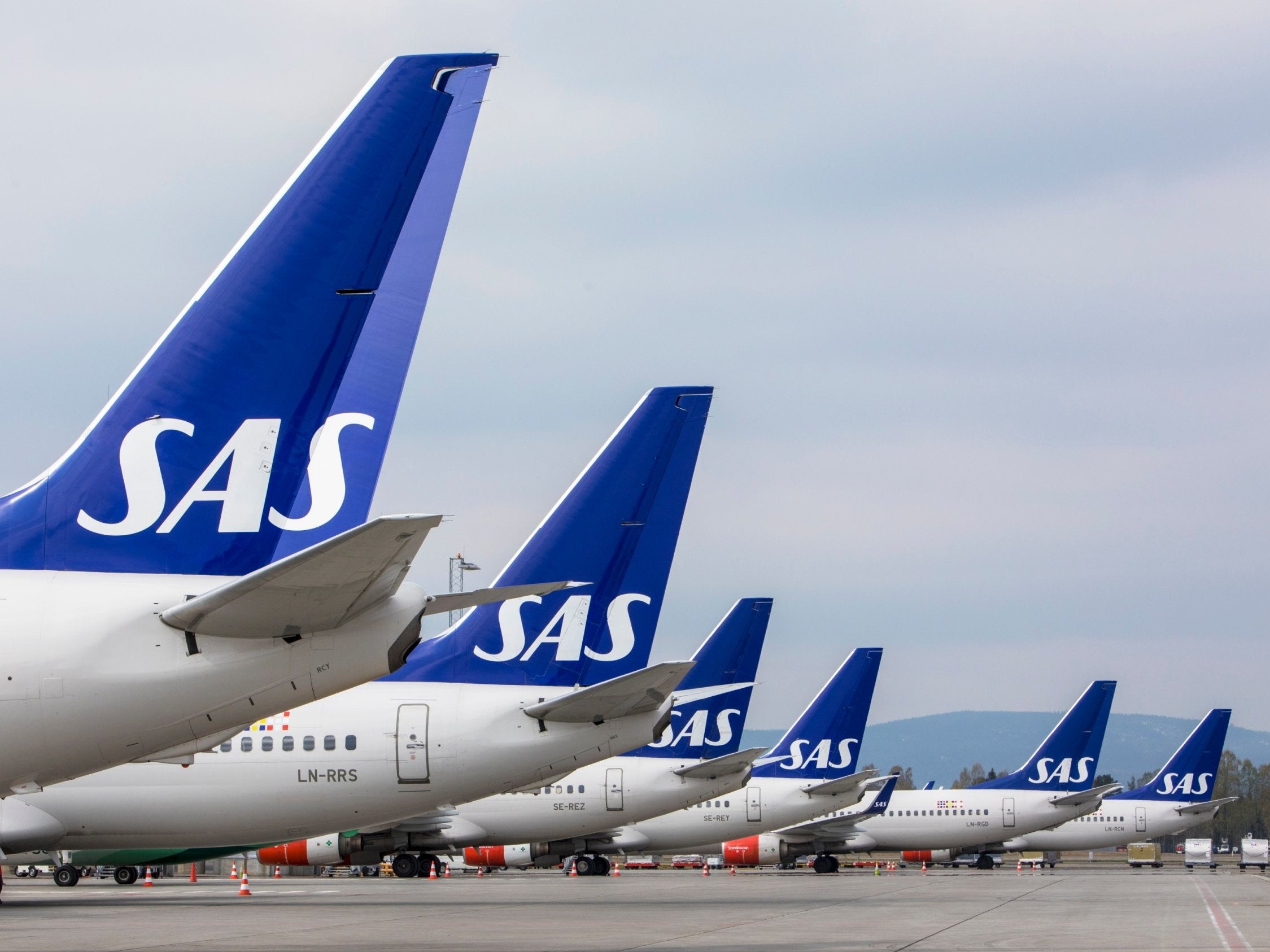 SAS planes are seen grounded at Oslo Gardermoen airport during pilots strikes on 26 April