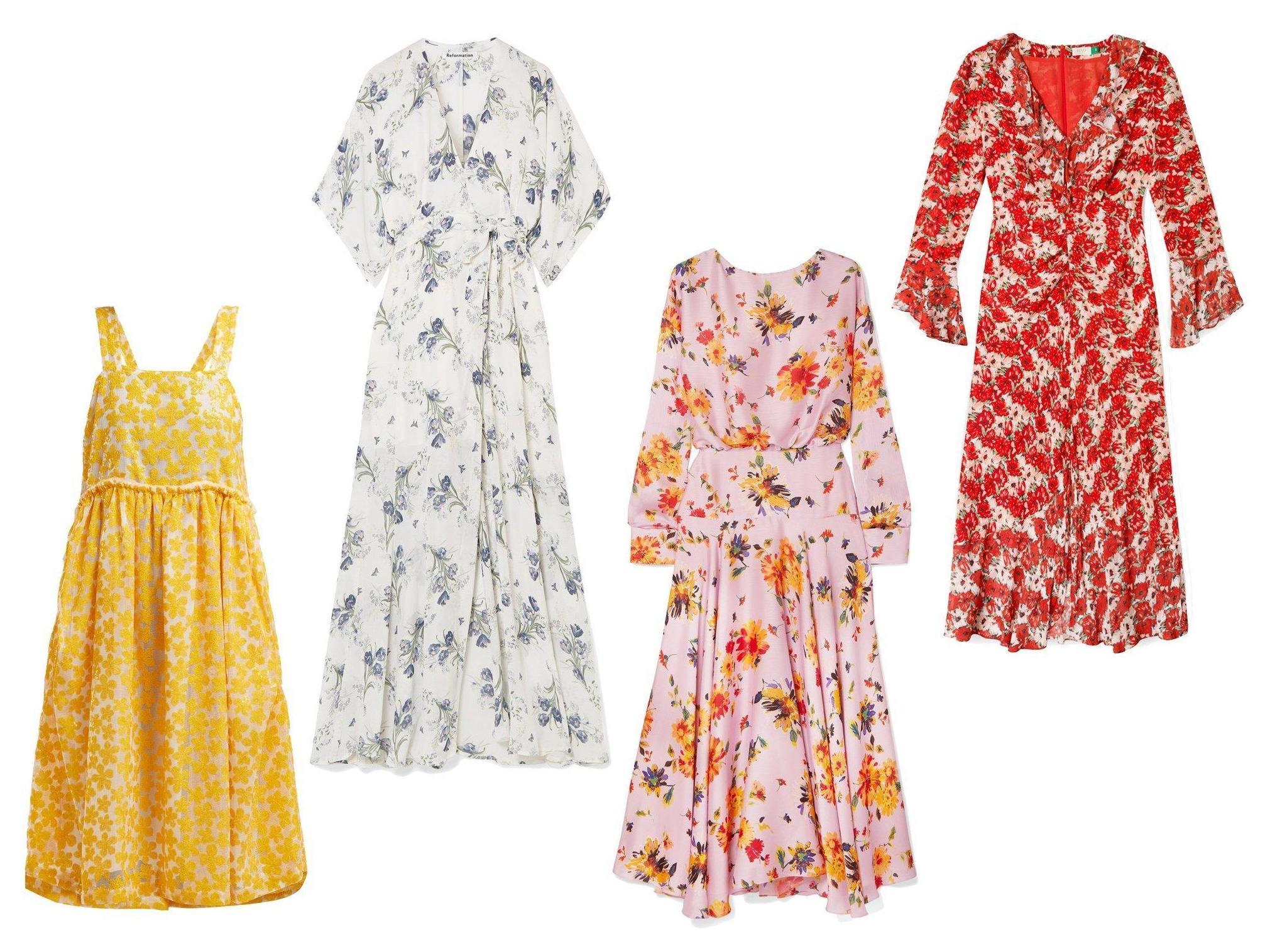 Shrimps, Lucia sequinned floral midi dress: £450, Reformation, Winslow floral-print georgette wrap maxi dress: £325, Galvan, Majorelle gathered floral-print plissé-satin midi dress: £995, Rixo, Coleen Diana Floral V-neck midi dress: £325.