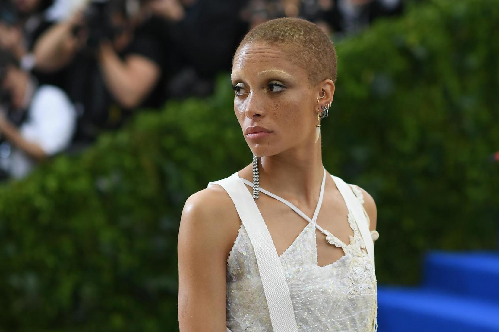 Adwoa Aboah in a hand-embroidered mini-dress and a tuxedo-style coat at the 2017 Met Gala