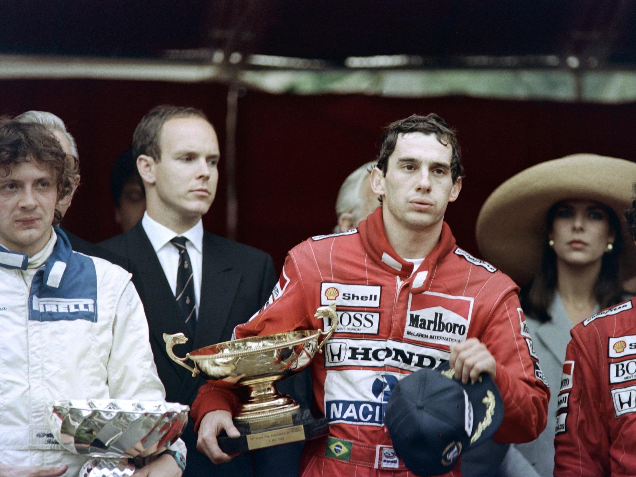 Ayrton Senna with his trophy after winning the 1989 Monaco F1 Grand Prix