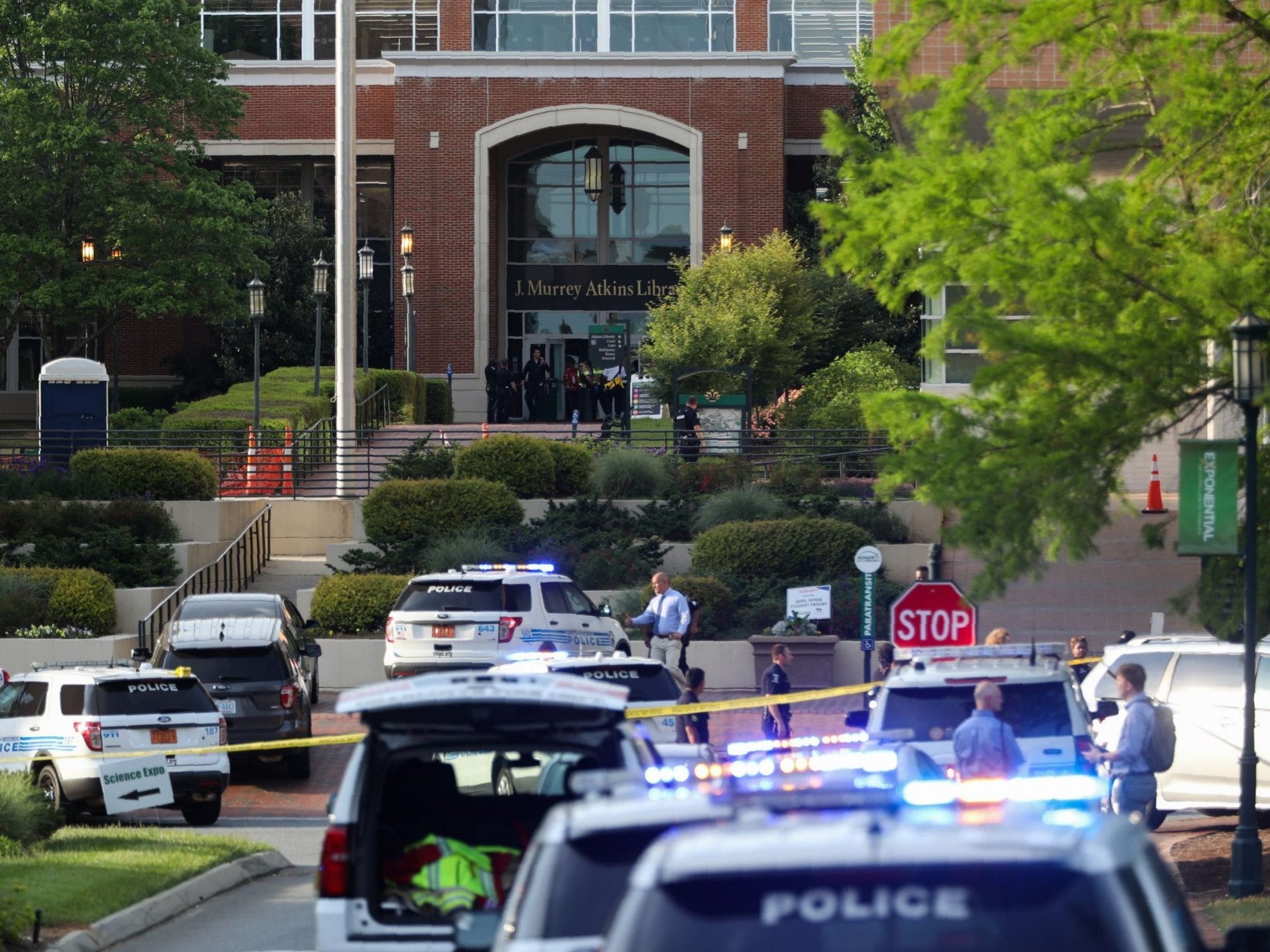 Police keep the campus on lockdown after a shooting at the University of North Carolina in Charlotte.