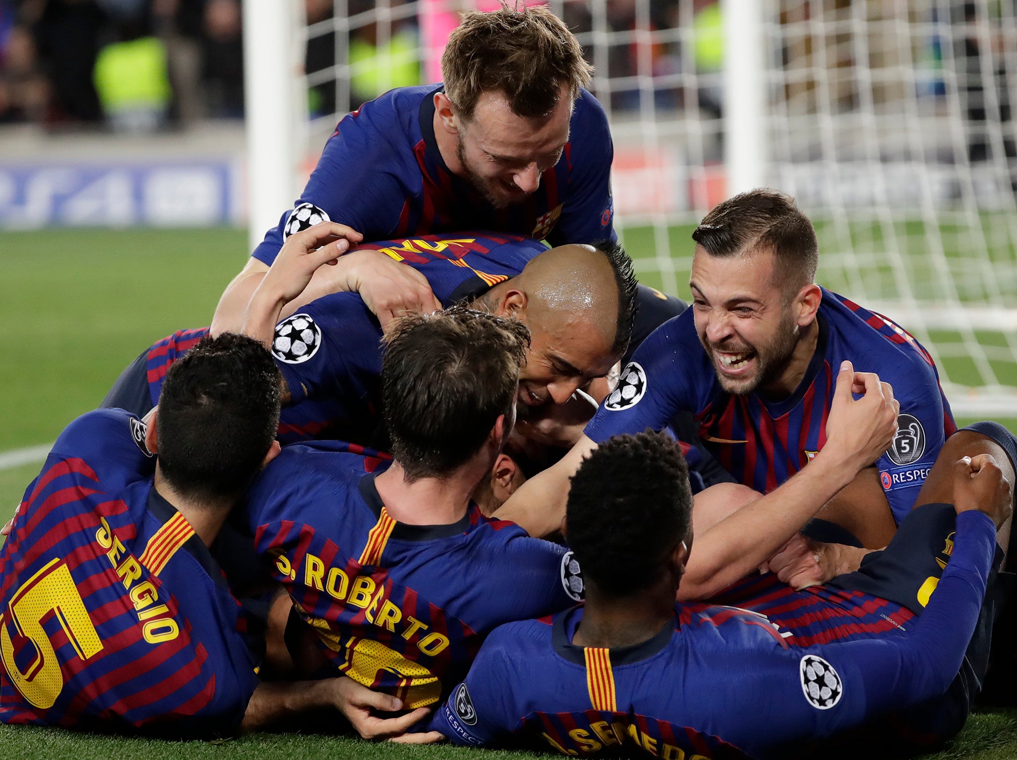 Barcelona celebrate scoring against Liverpool